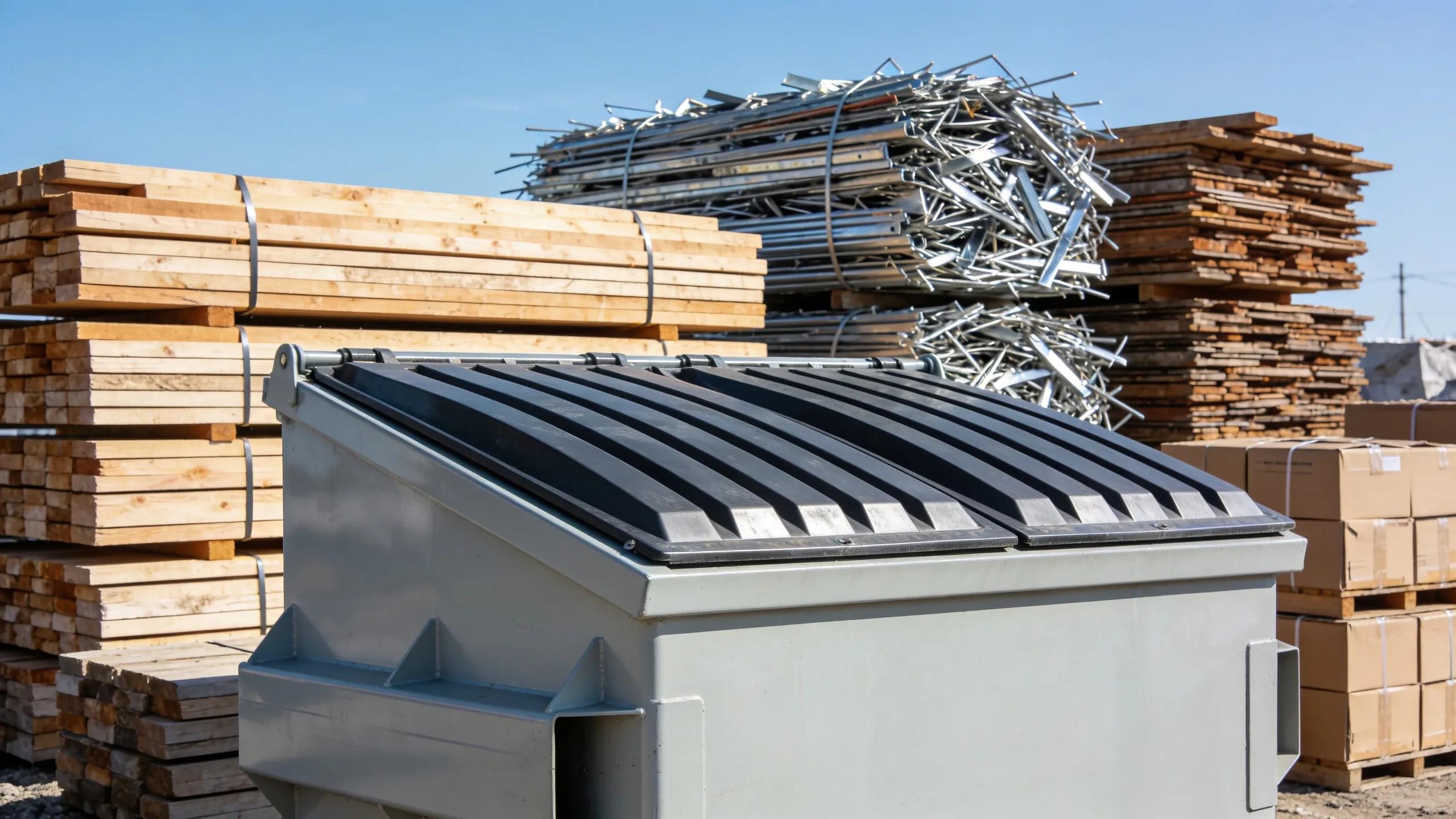 Modern dumpster rental service at a construction site with various waste materials