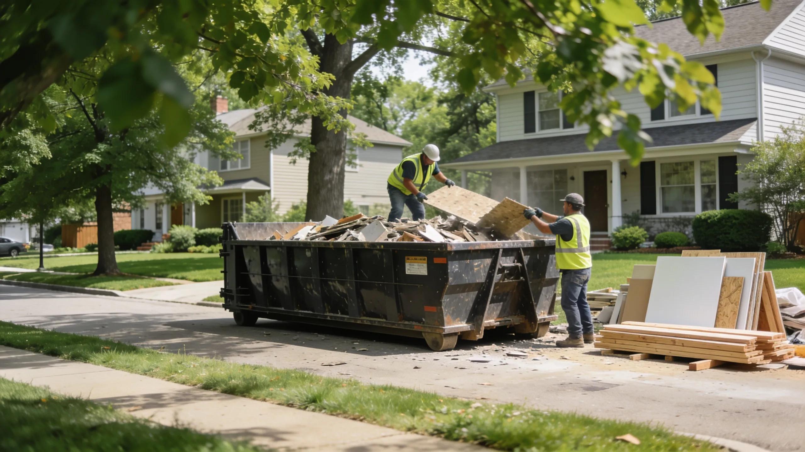 EcoBox Dumpsters workers loading construction debris into a roll-off dumpster in Winnetka, IL.