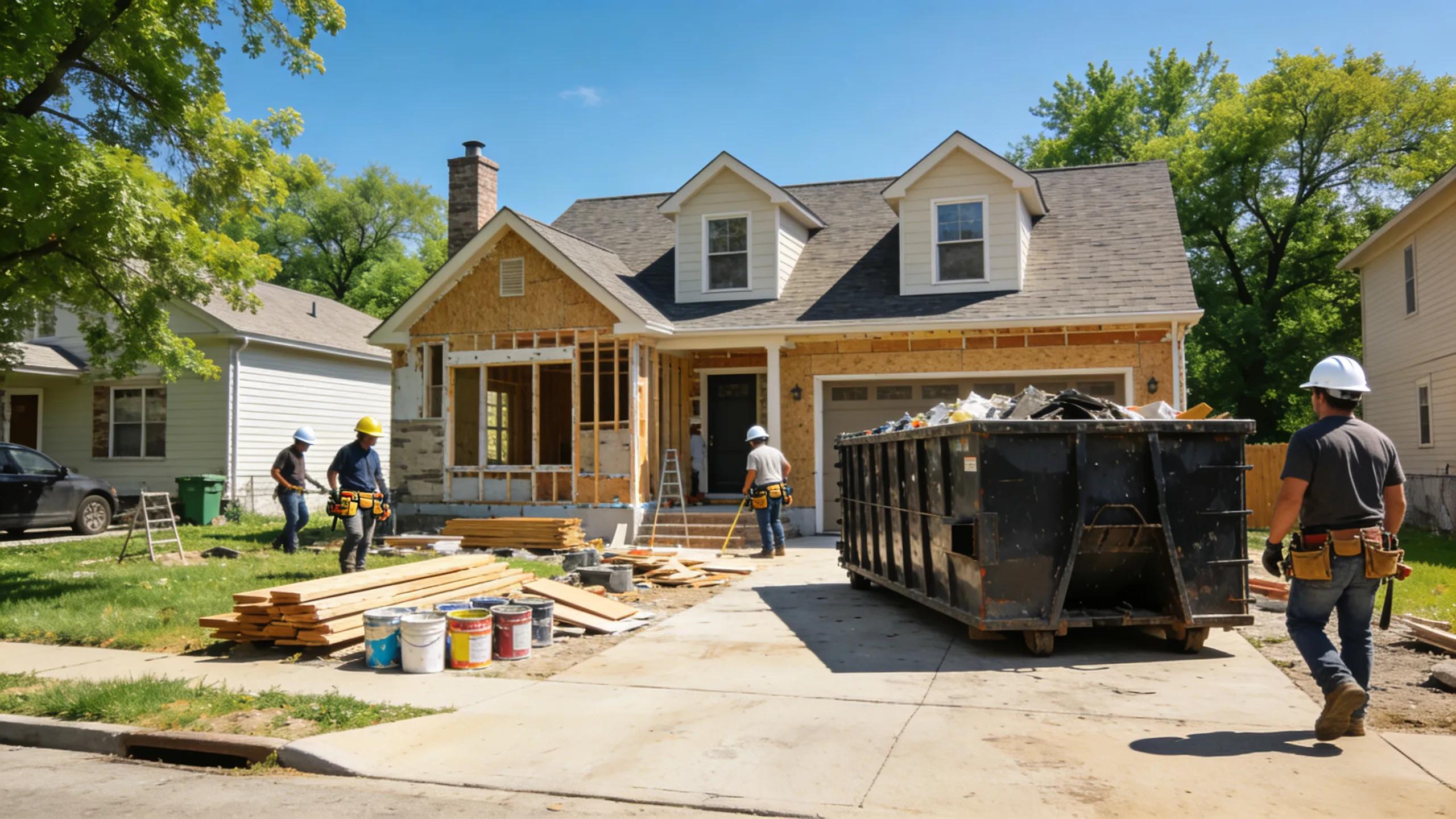 Residential area in North Chicago with a dumpster in a driveway, illustrating affordable dumpster rental for home projects