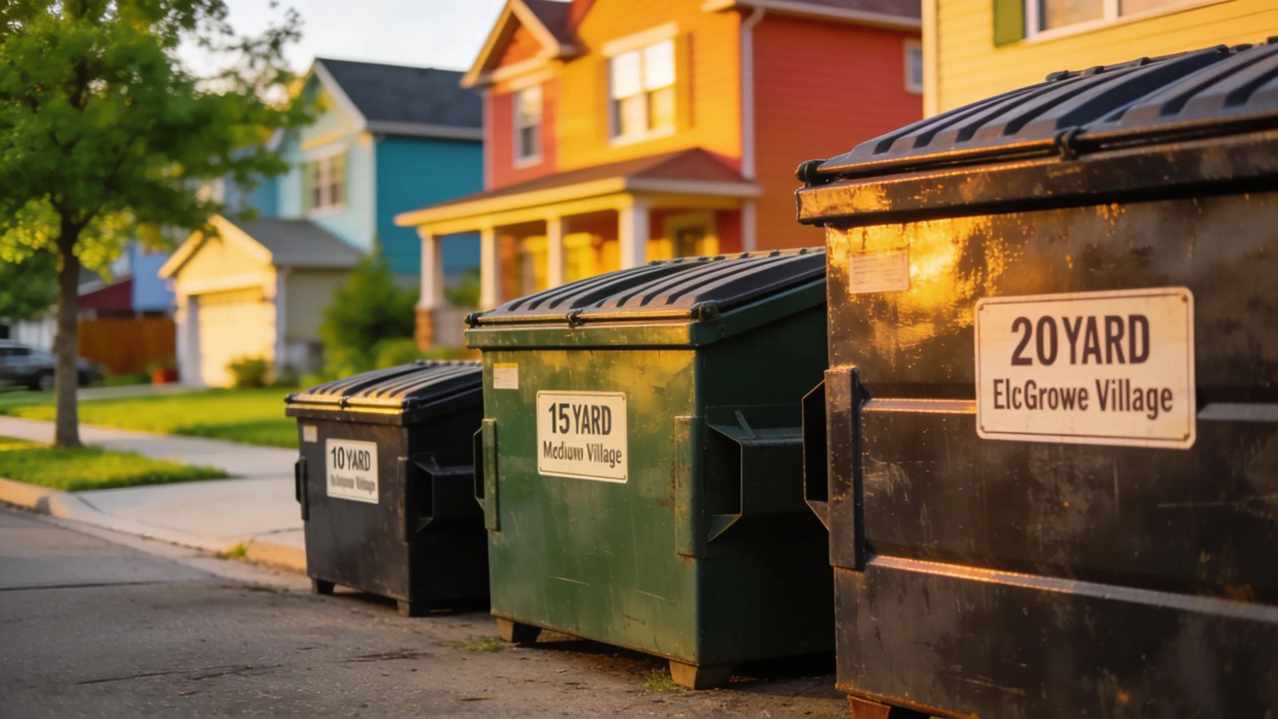Diverse sizes of dumpsters for affordable pricing in Elk Grove Village, showcasing local neighborhood aesthetics