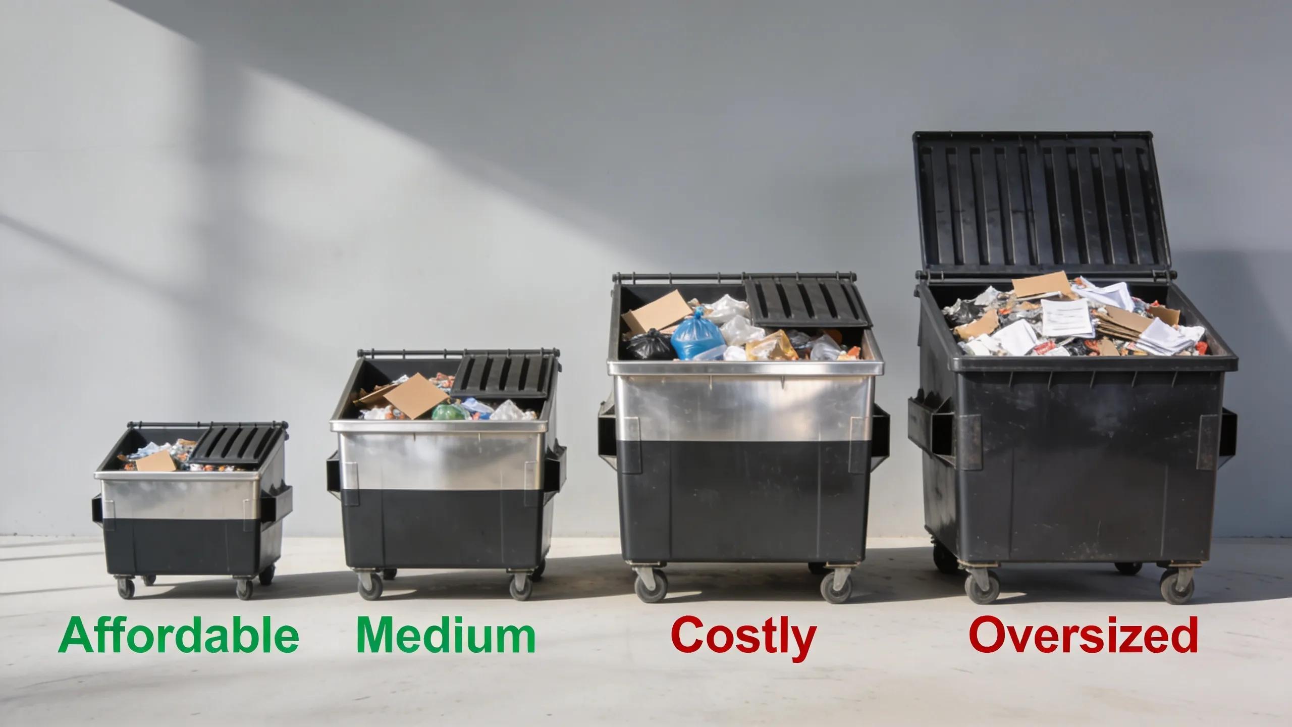Different sizes of dumpsters displayed side by side, promoting understanding of cost-effective rental options