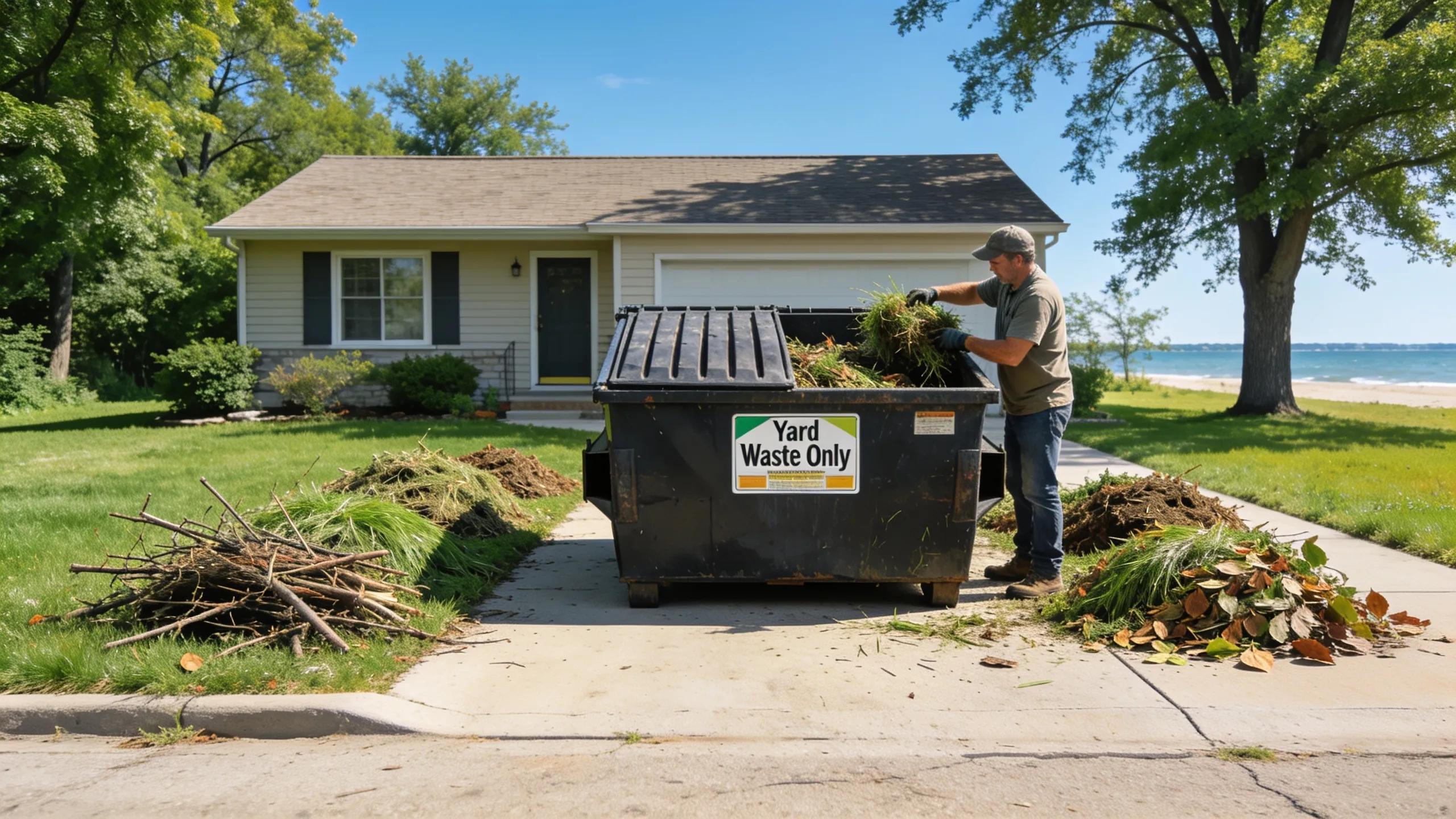 Homeowner managing landscaping waste near Illinois Beach State Park with dumpster, emphasizing local permit rules and waste disposal methods