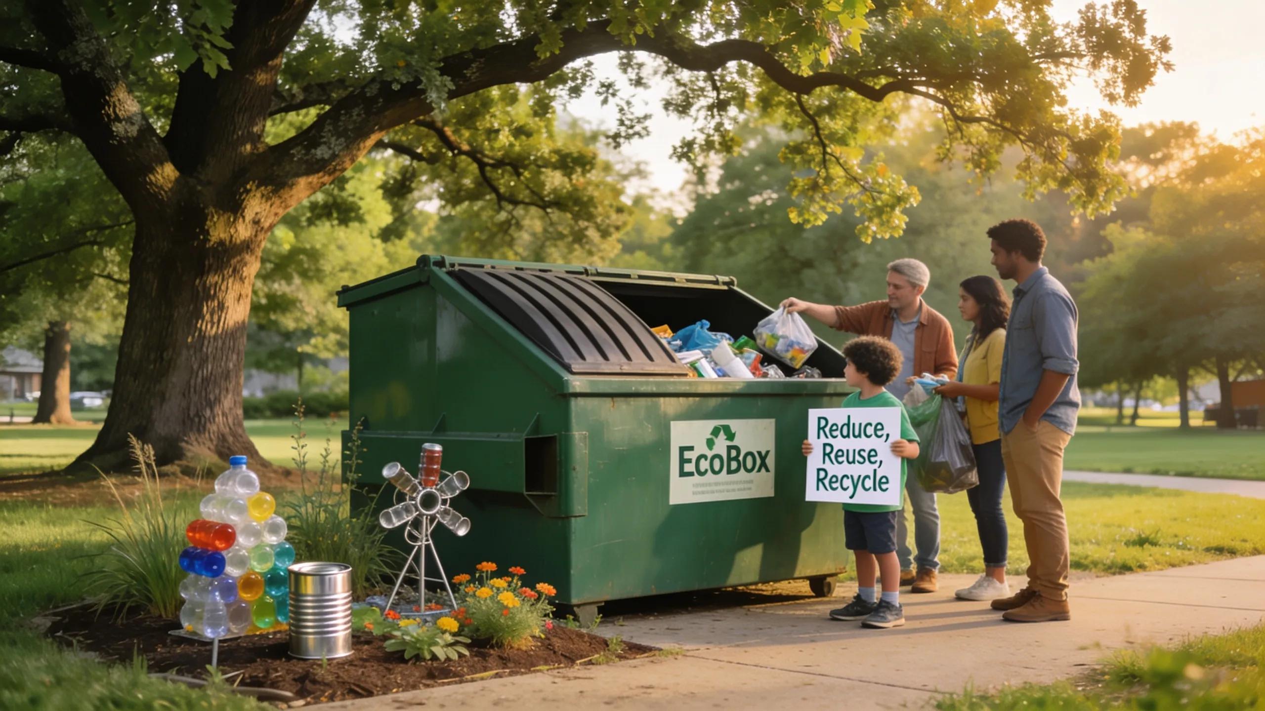 EcoBox dumpster in a Glenview park emphasizing eco-friendly waste disposal and recycling commitment