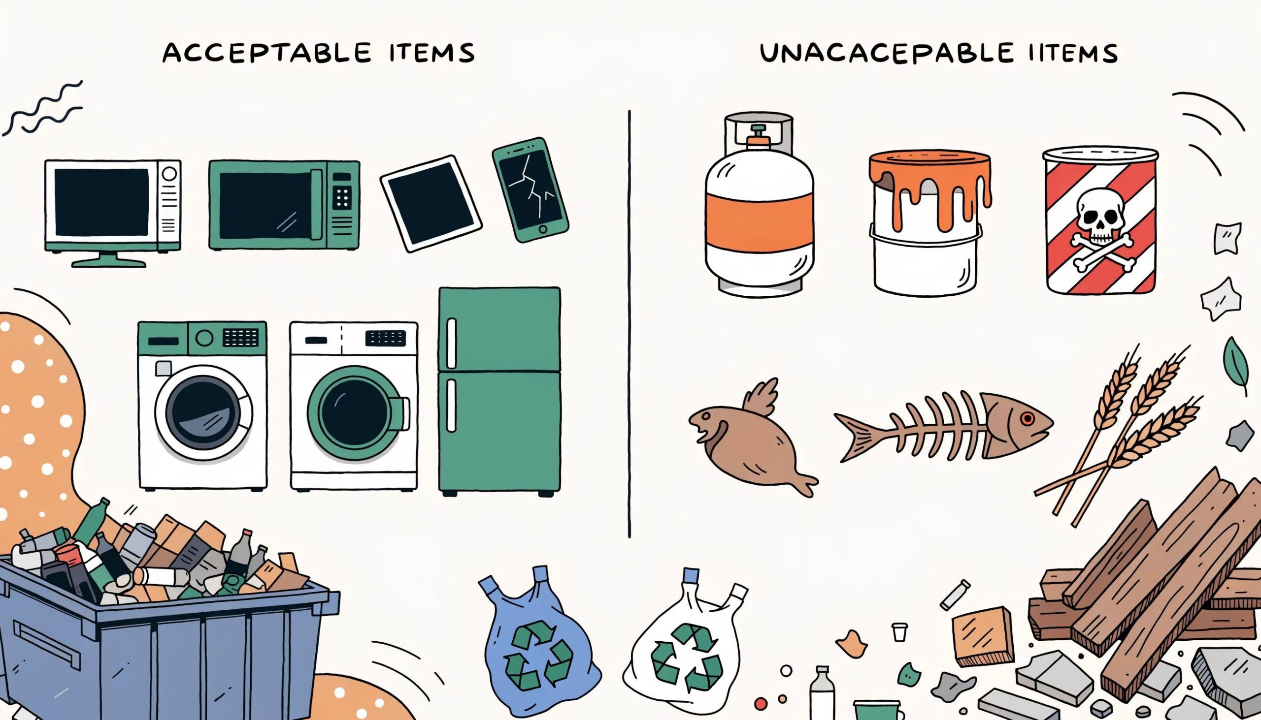 Visual guide representing acceptable and prohibited waste materials for dumpster rentals