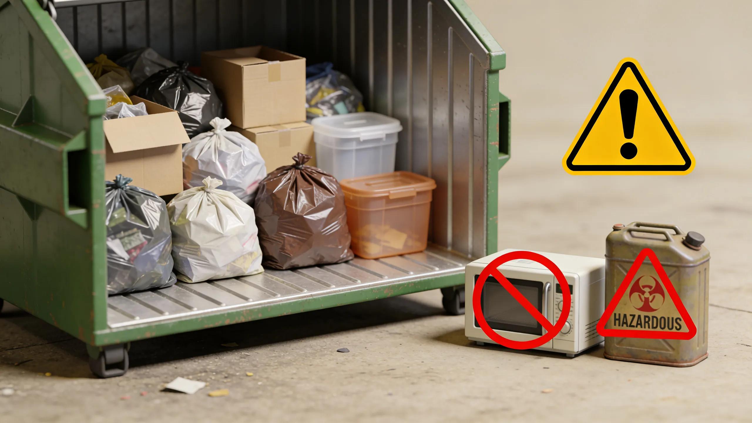 Close-up of organized dumpster with prohibited items, illustrating caution around common hidden fees