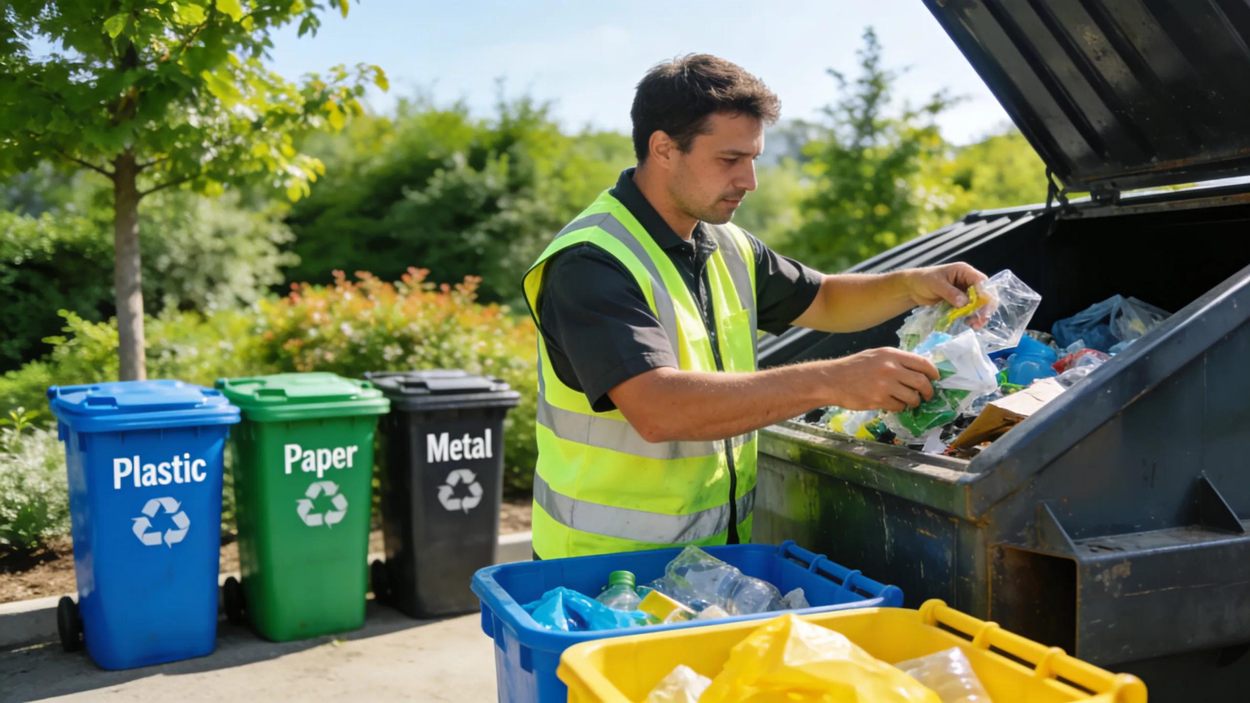 Worker sorting recyclable materials next to a dumpster, illustrating eco-friendly waste management practices
