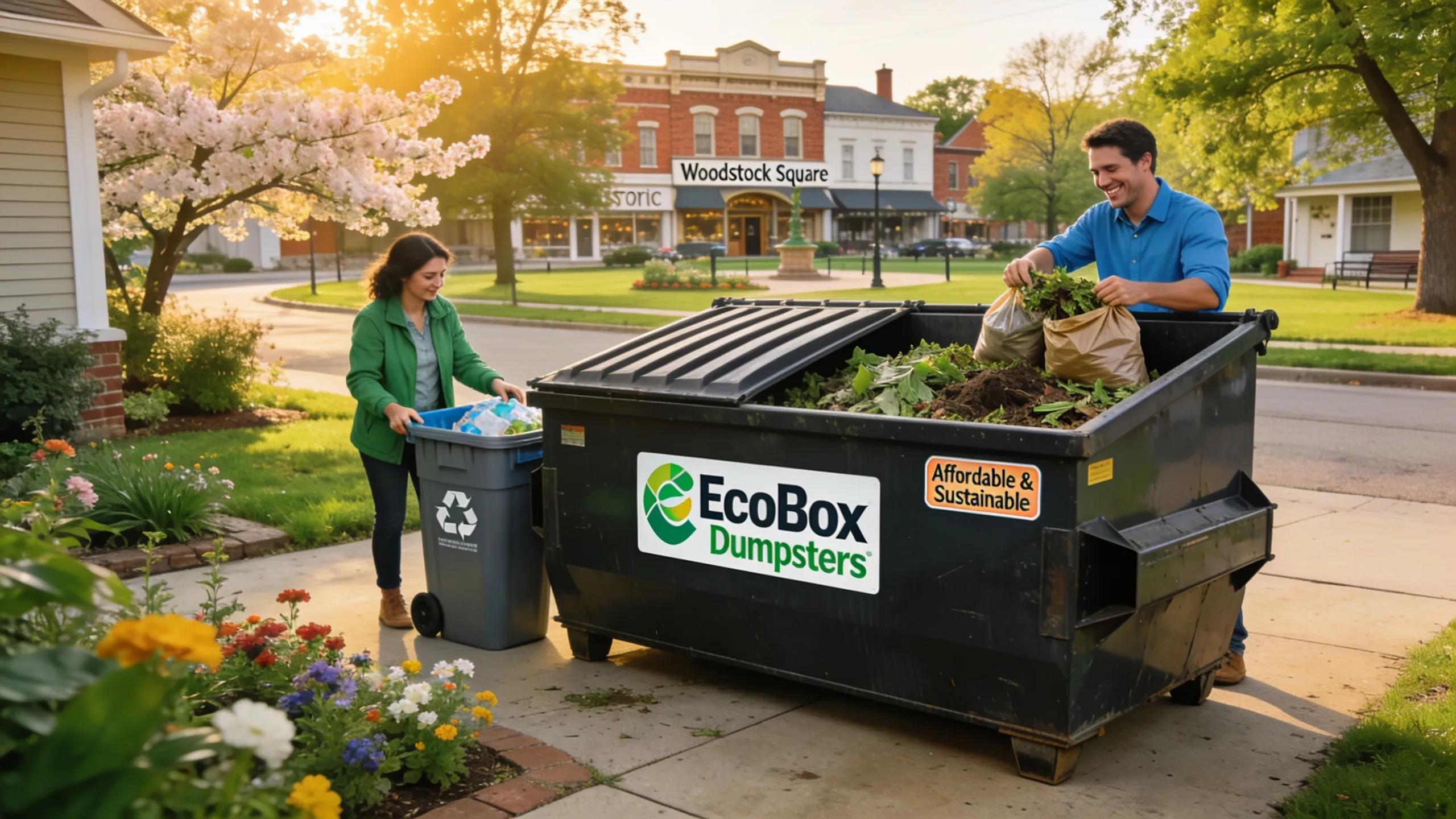 EcoBox Dumpsters roll-off dumpster in historic Woodstock, IL, highlighting affordable waste disposal services
