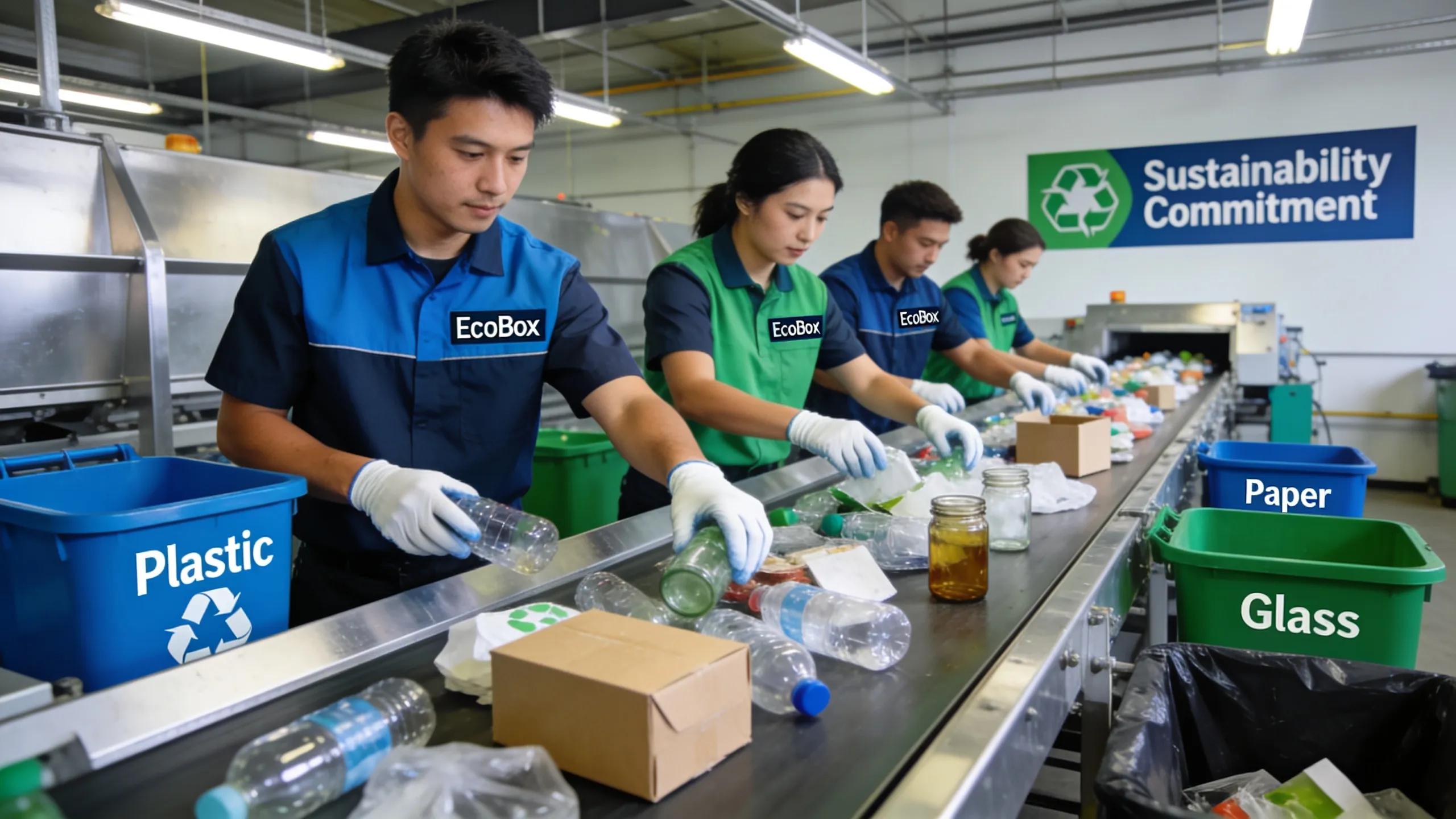 EcoBox employees sorting recyclable materials on conveyor belt promoting sustainable waste disposal.