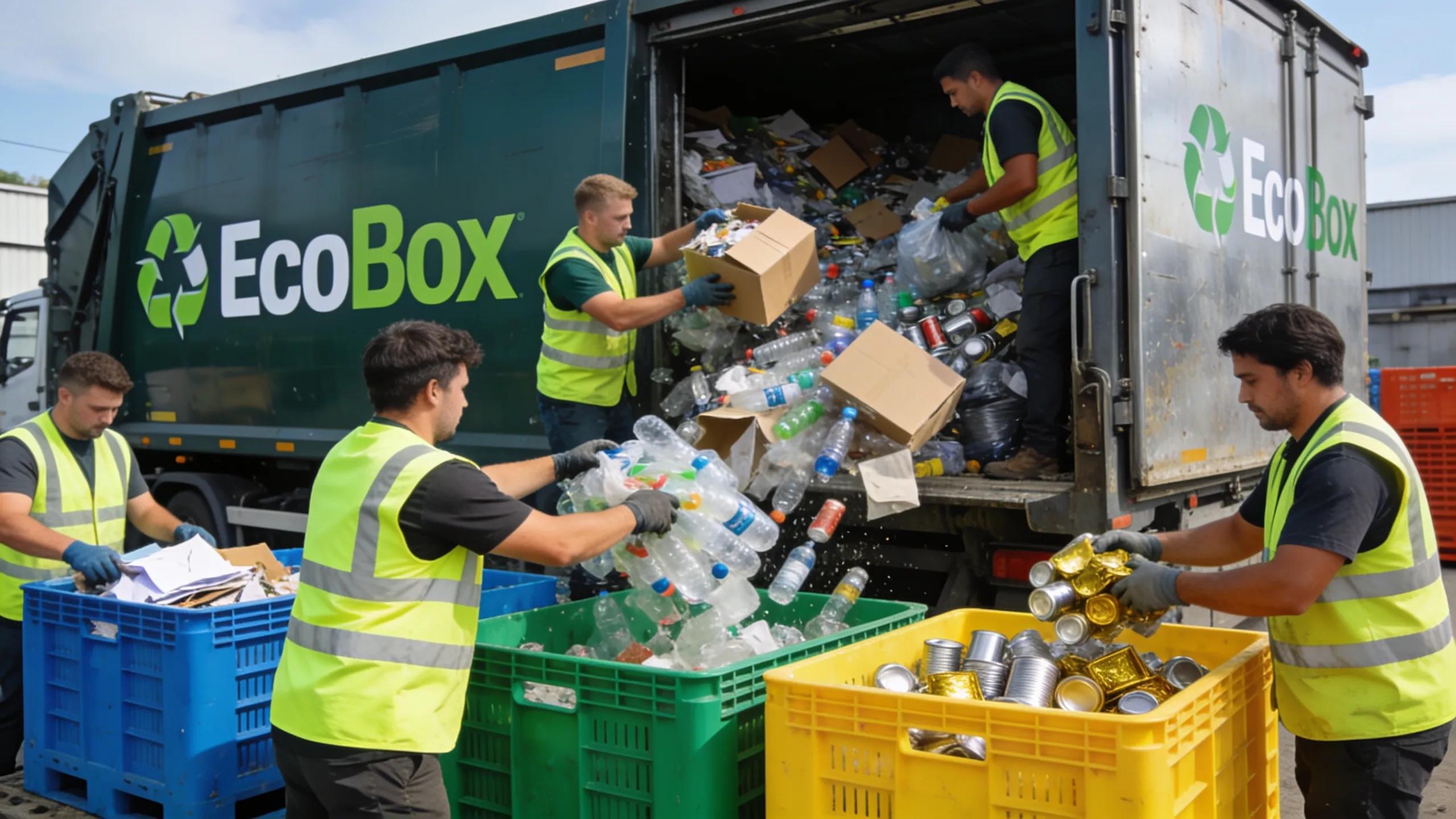 EcoBox employees sorting recyclables at a recycling center showcasing environmental practices