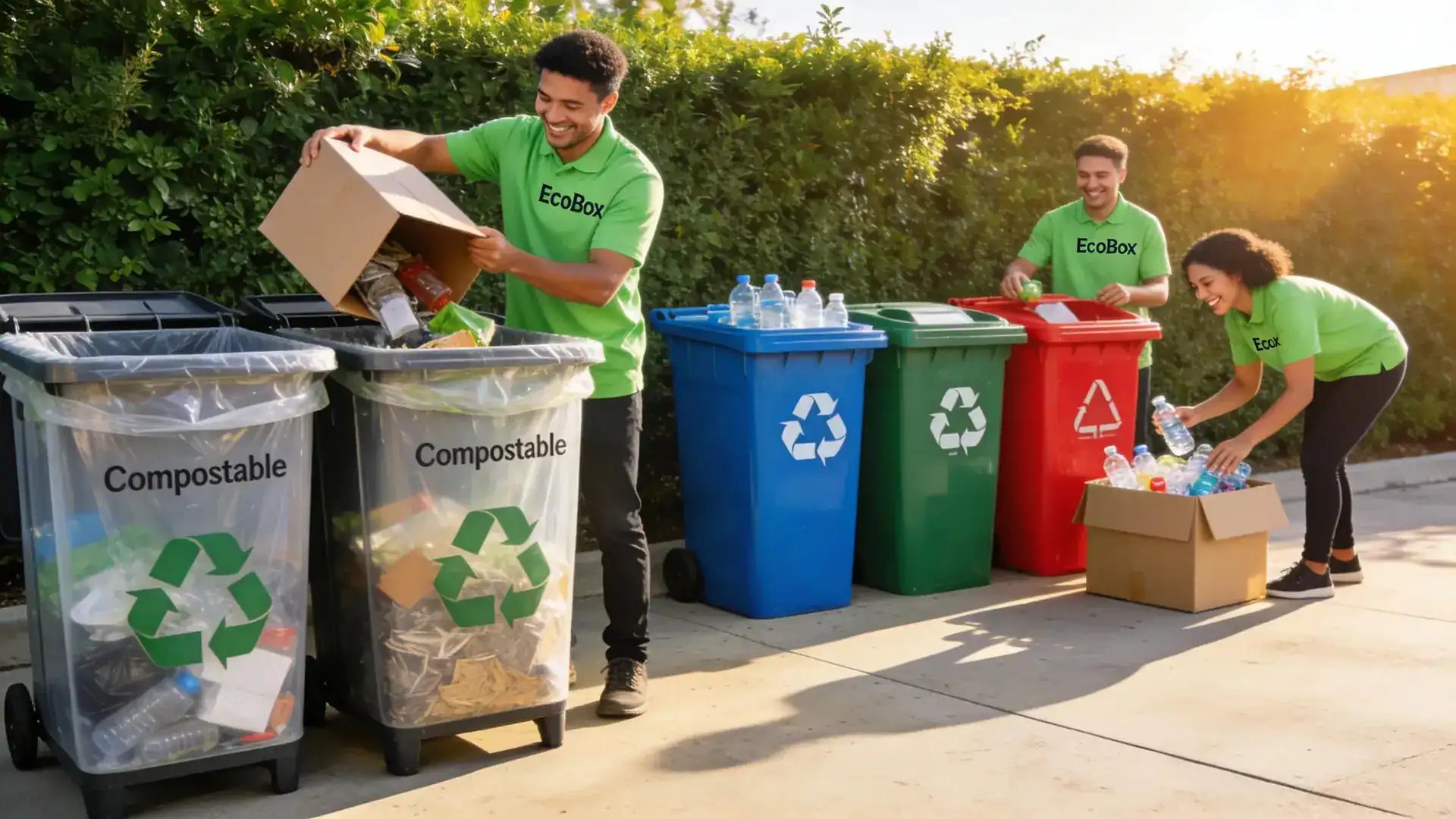 EcoBox staff engaged in sorting waste materials for recycling in an environmentally friendly workspace.