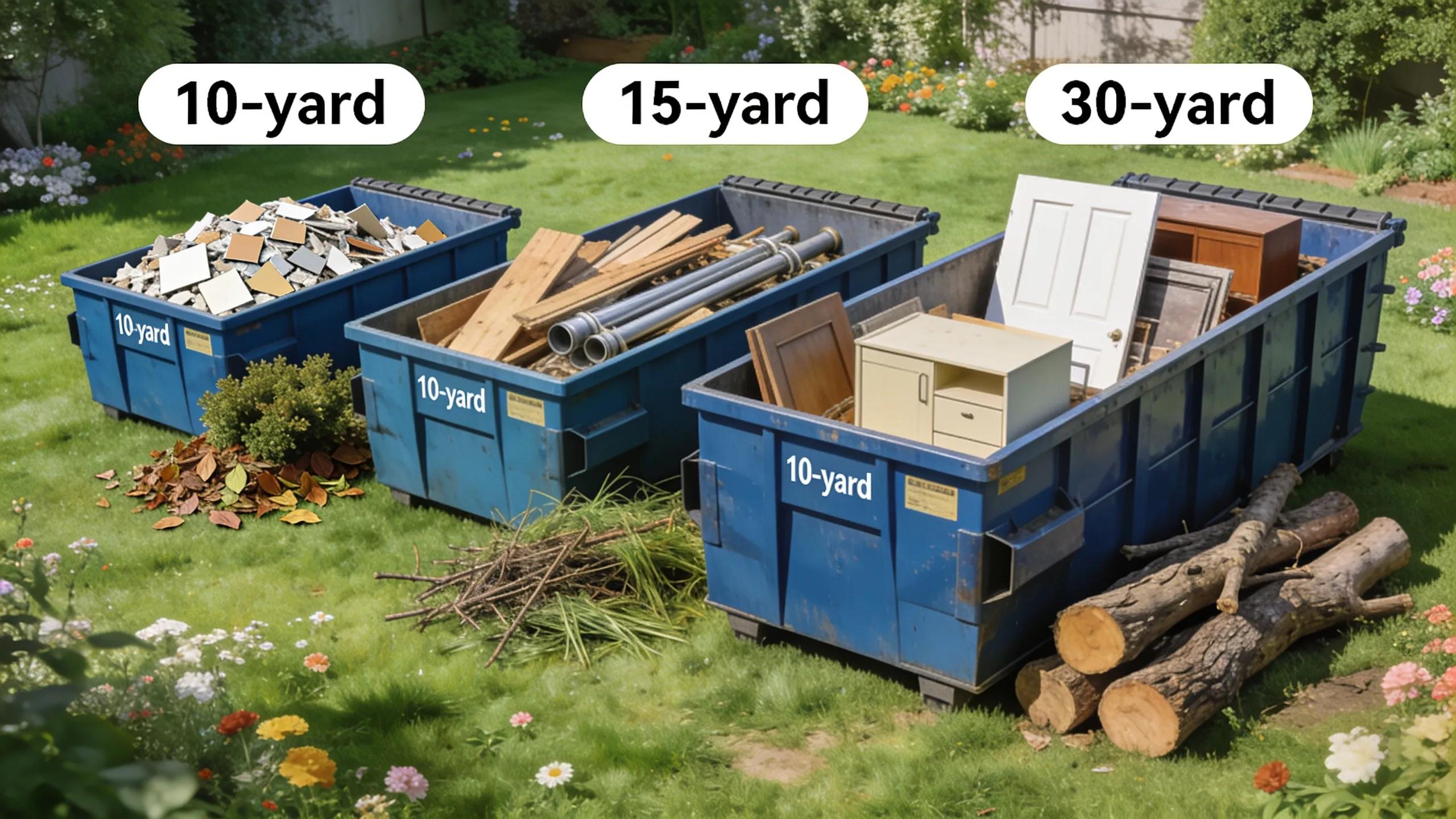 Visual comparison of dumpster sizes for household waste disposal, showcasing different capacities