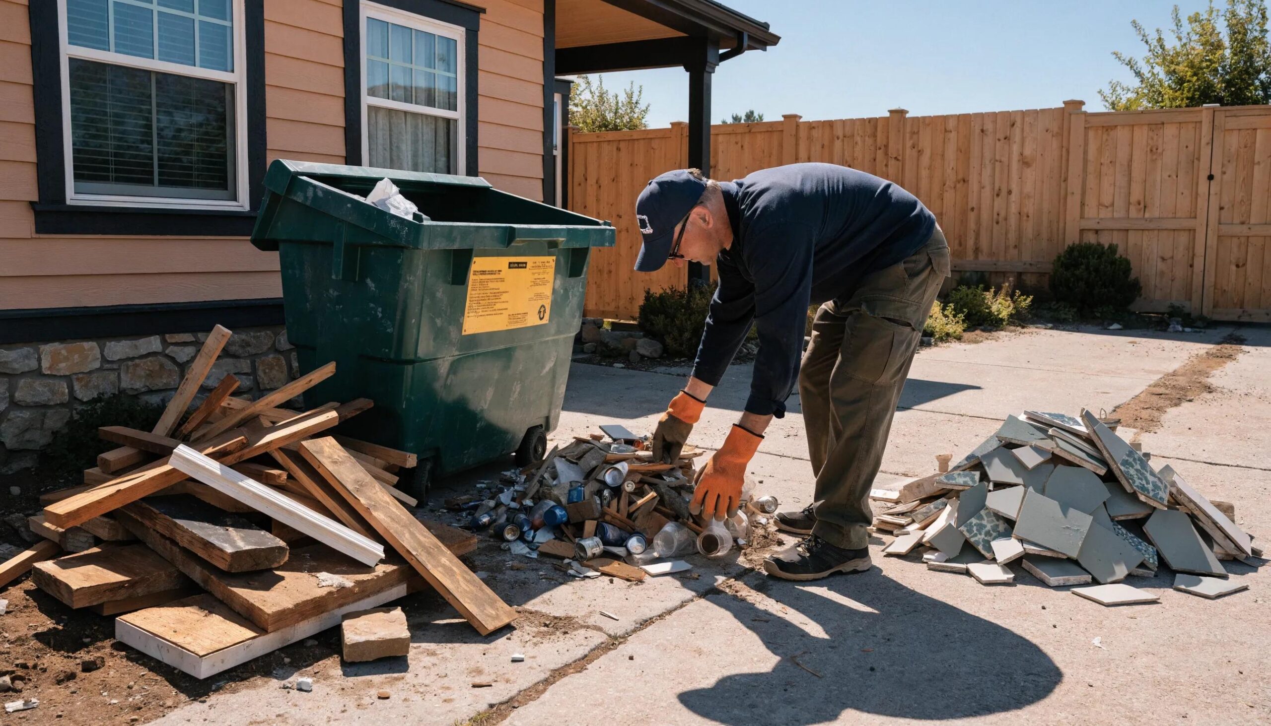 Homeowner sorting renovation debris next to a rented dumpster, highlighting effective waste management for cleanouts