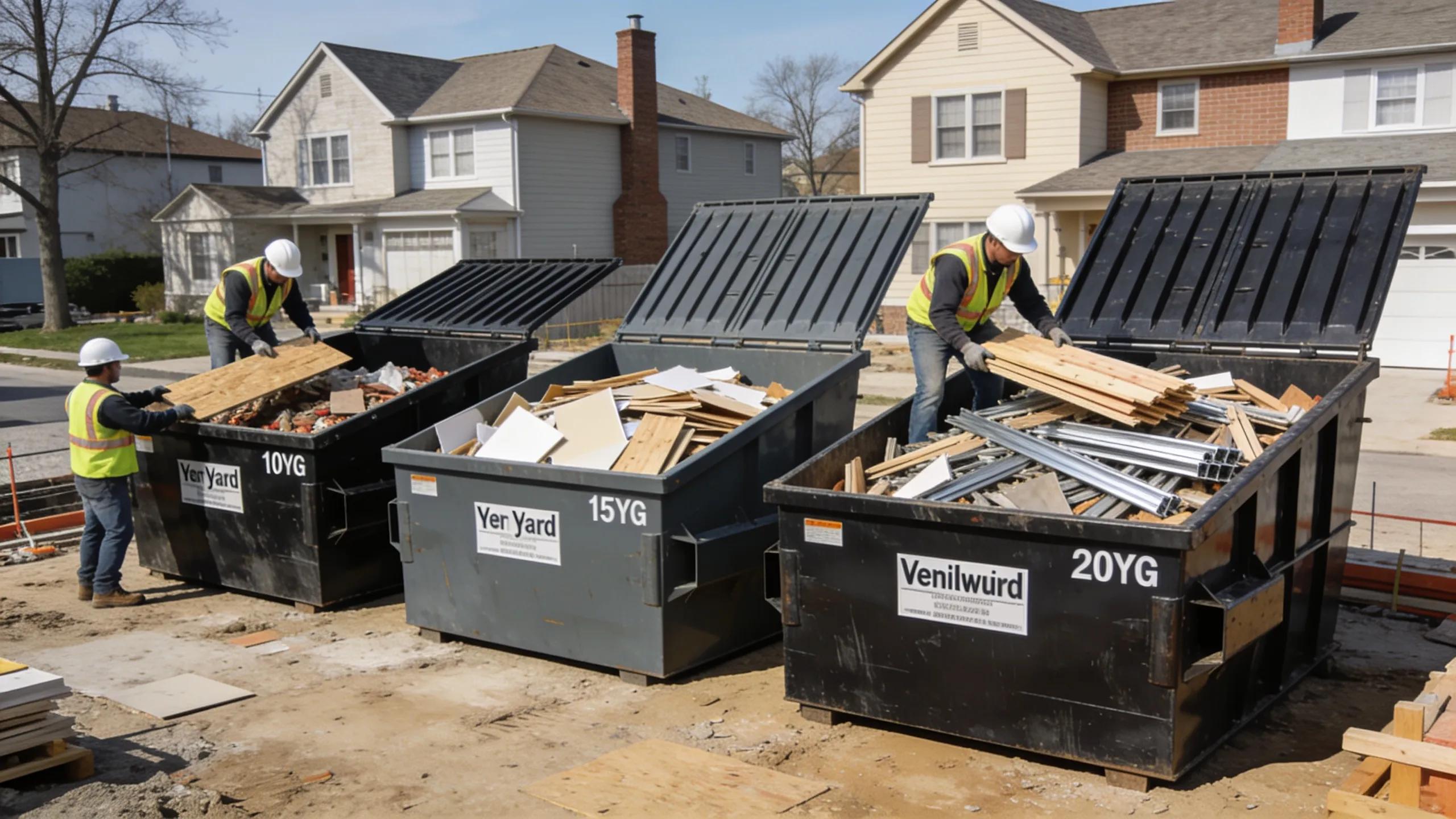 Different sizes of dumpsters at a Kenilworth construction site, showcasing their practical applications.