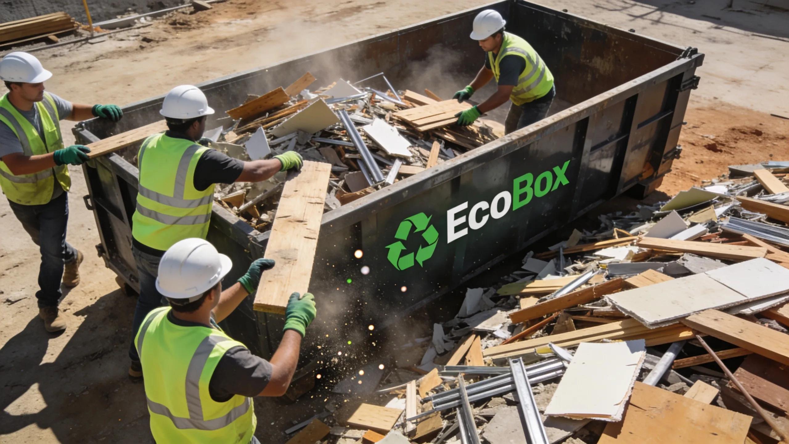 Team of workers efficiently loading construction debris into a roll-off dumpster on a job site