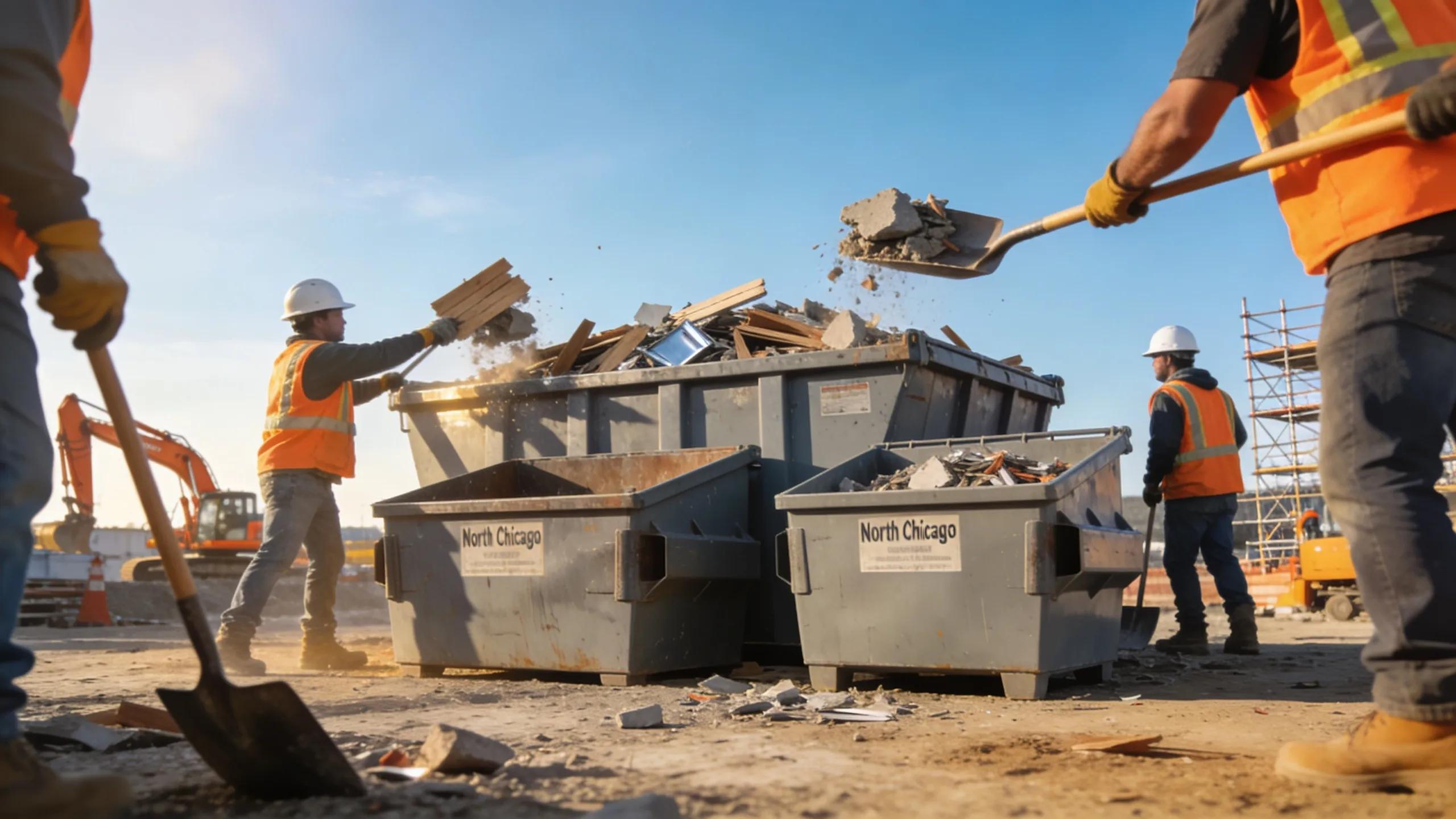 Construction site in North Chicago with dumpsters showcasing various sizes for waste management