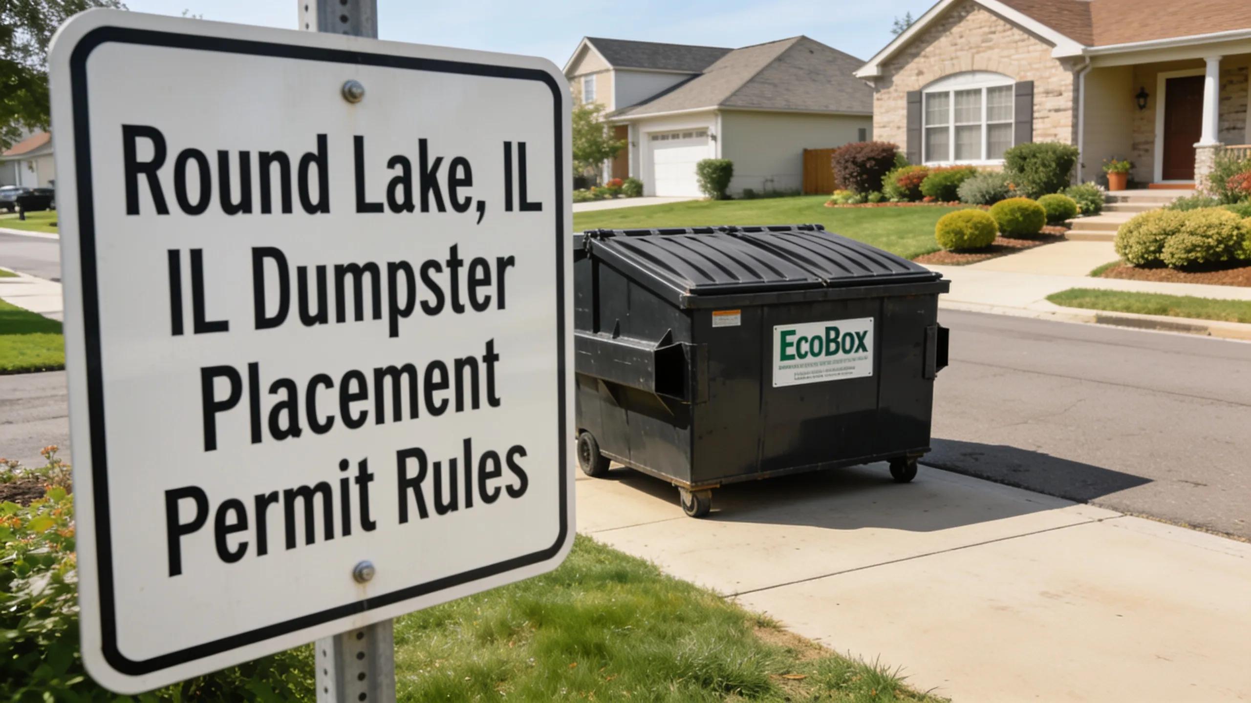 Round Lake, IL sign and EcoBox dumpster illustrating permit rules for dumpster placement.