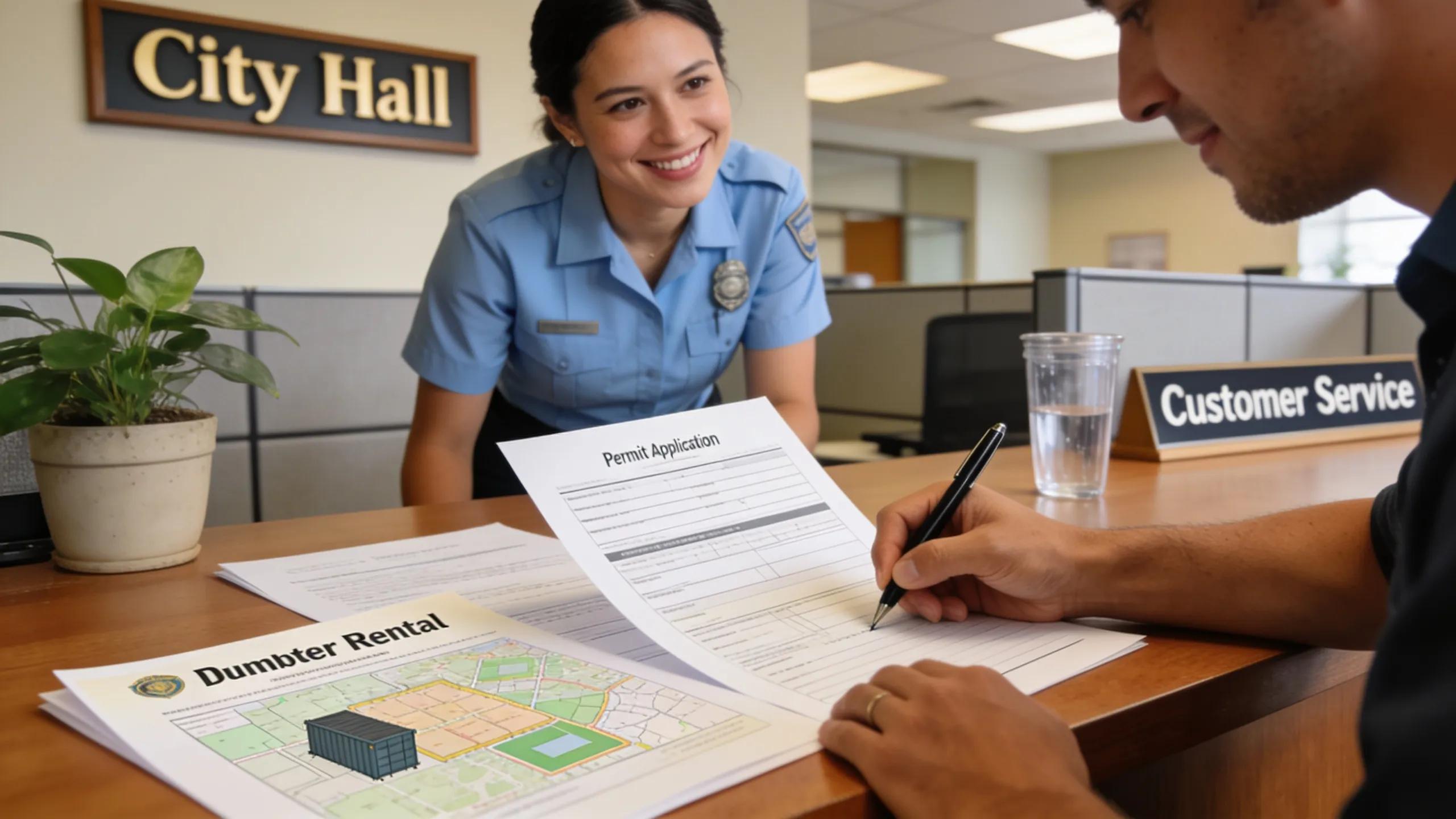 Person applying for a dumpster rental permit at a city hall, illustrating the permit acquisition process.