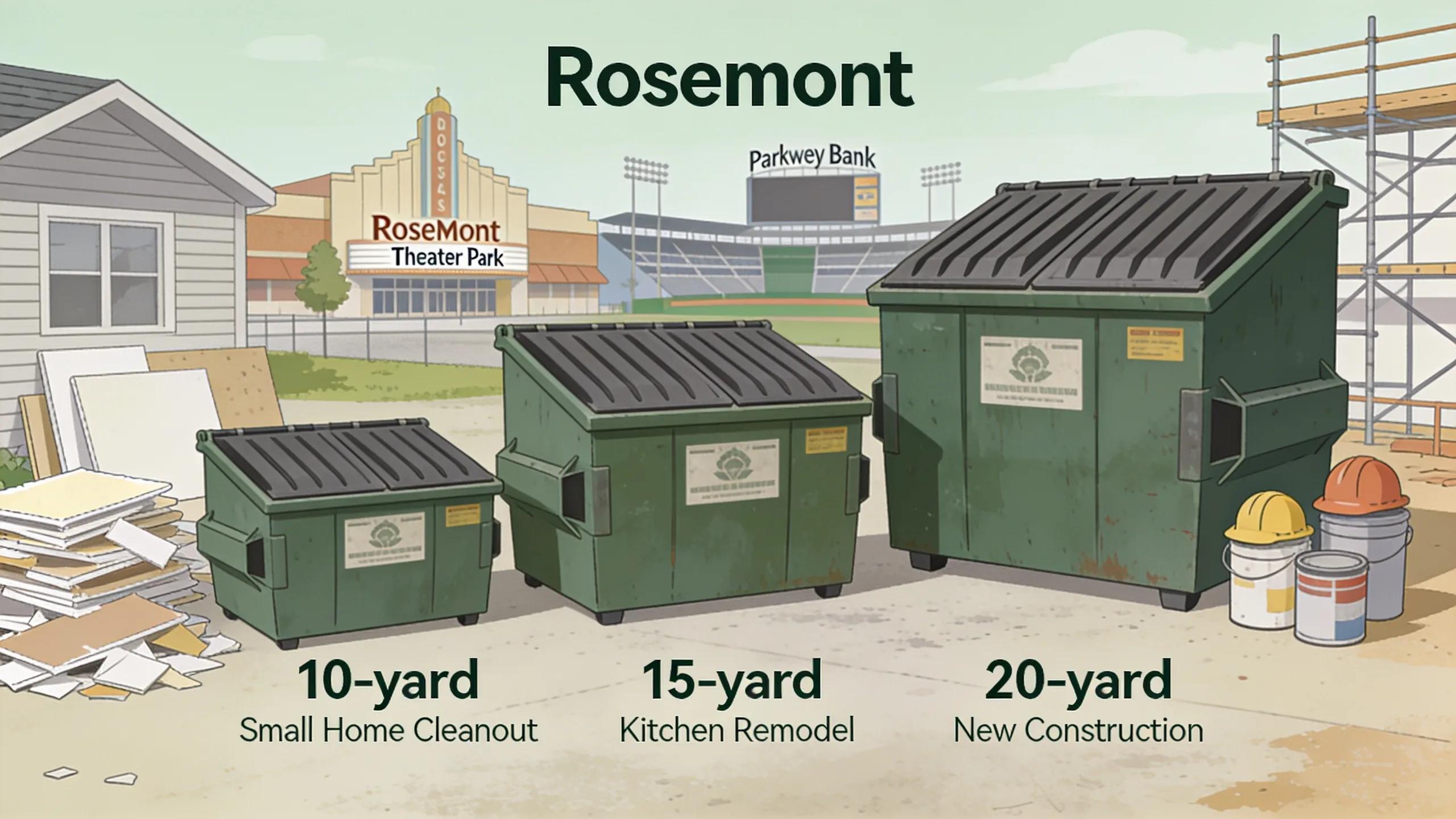 Different dumpster sizes available for rental in Rosemont, showcasing 10-yard, 15-yard, and 20-yard options