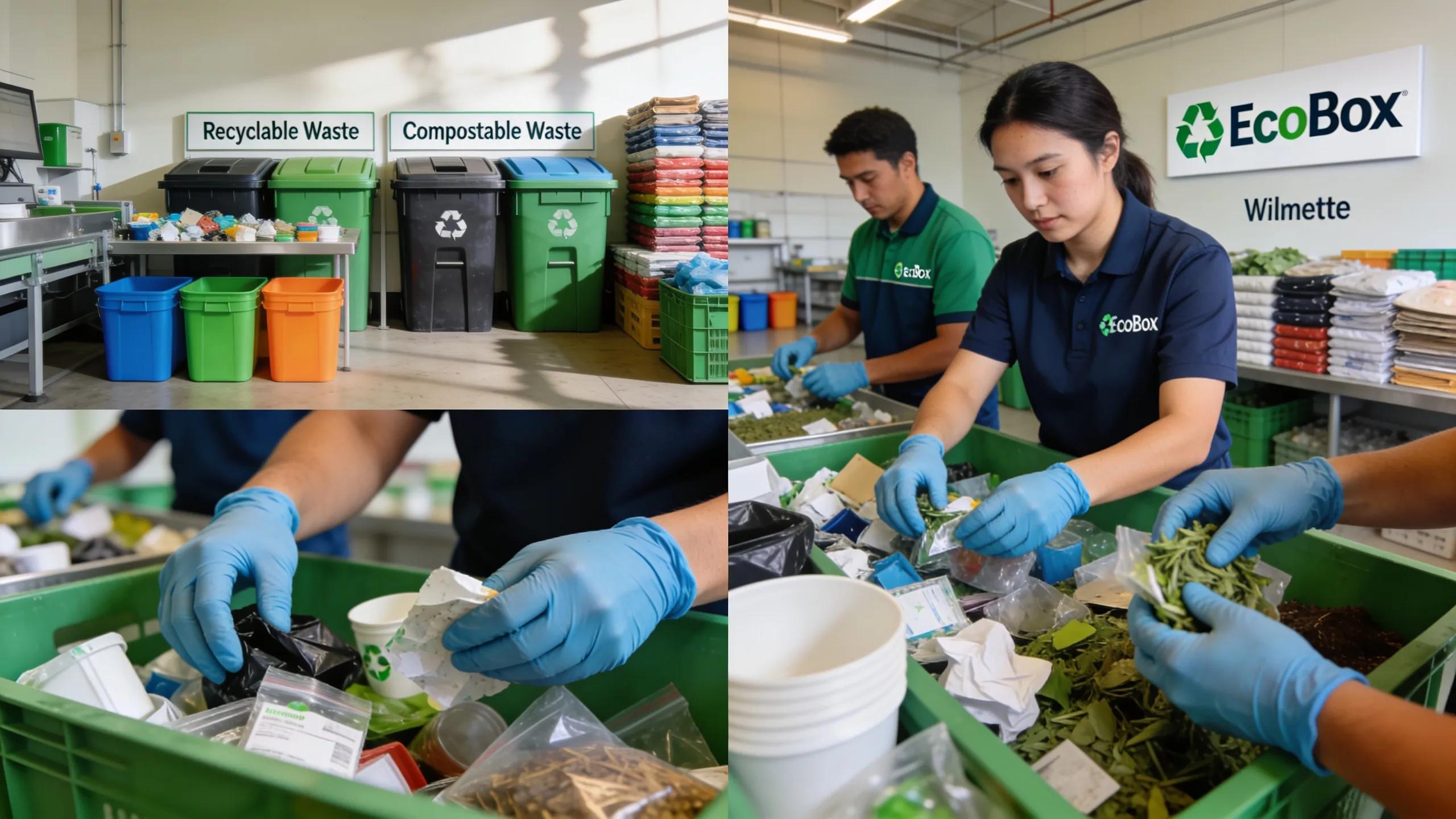 EcoBox staff sorting recyclable materials, demonstrating commitment to eco-friendly waste disposal in Wilmette