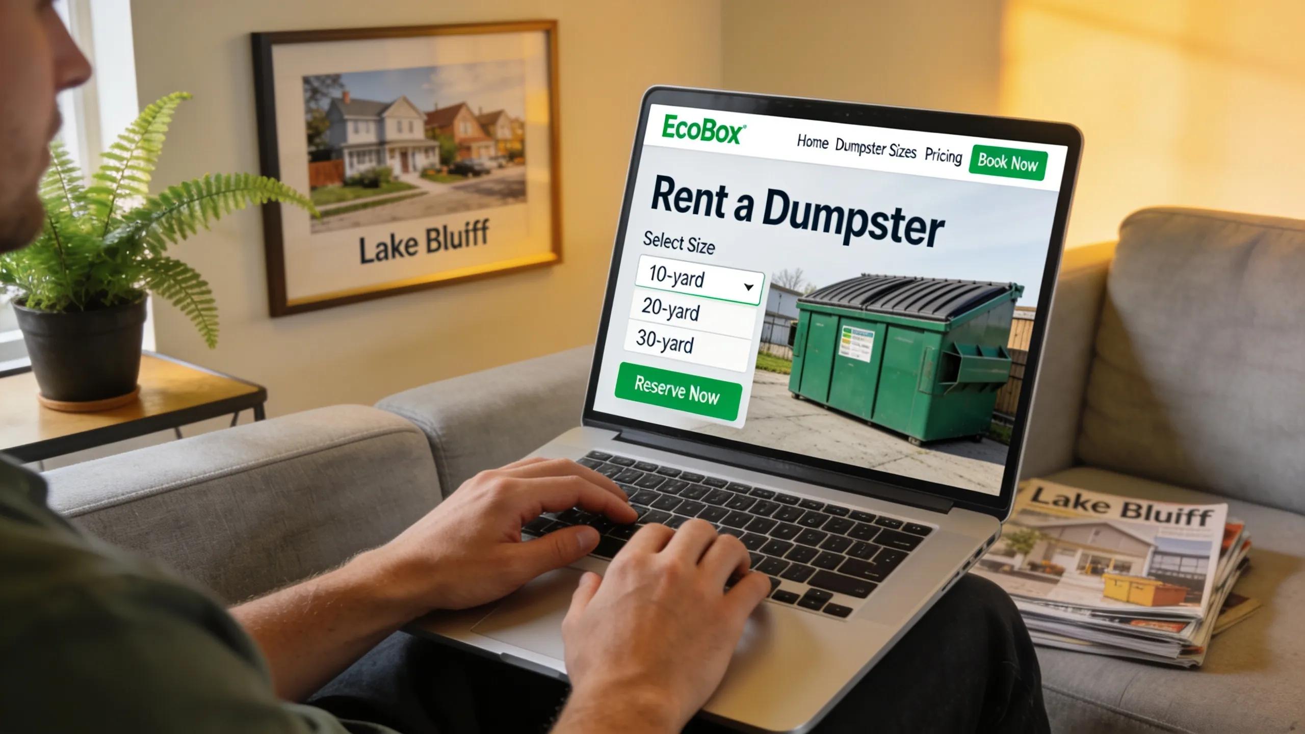 Customer booking a dumpster rental online in a Lake Bluff neighborhood.