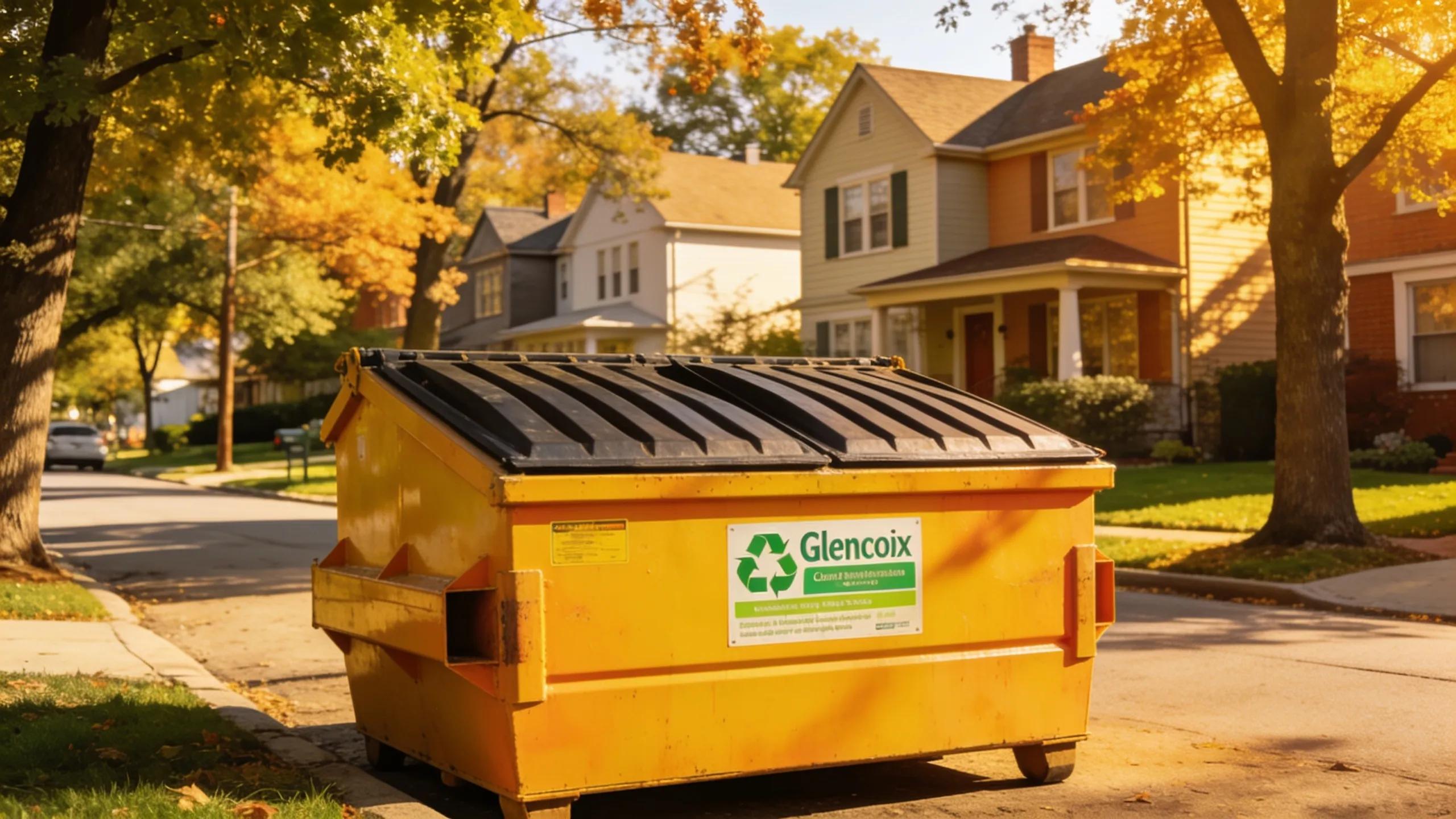 Roll-off dumpster in Glencoe, IL residential neighborhood for waste disposal.