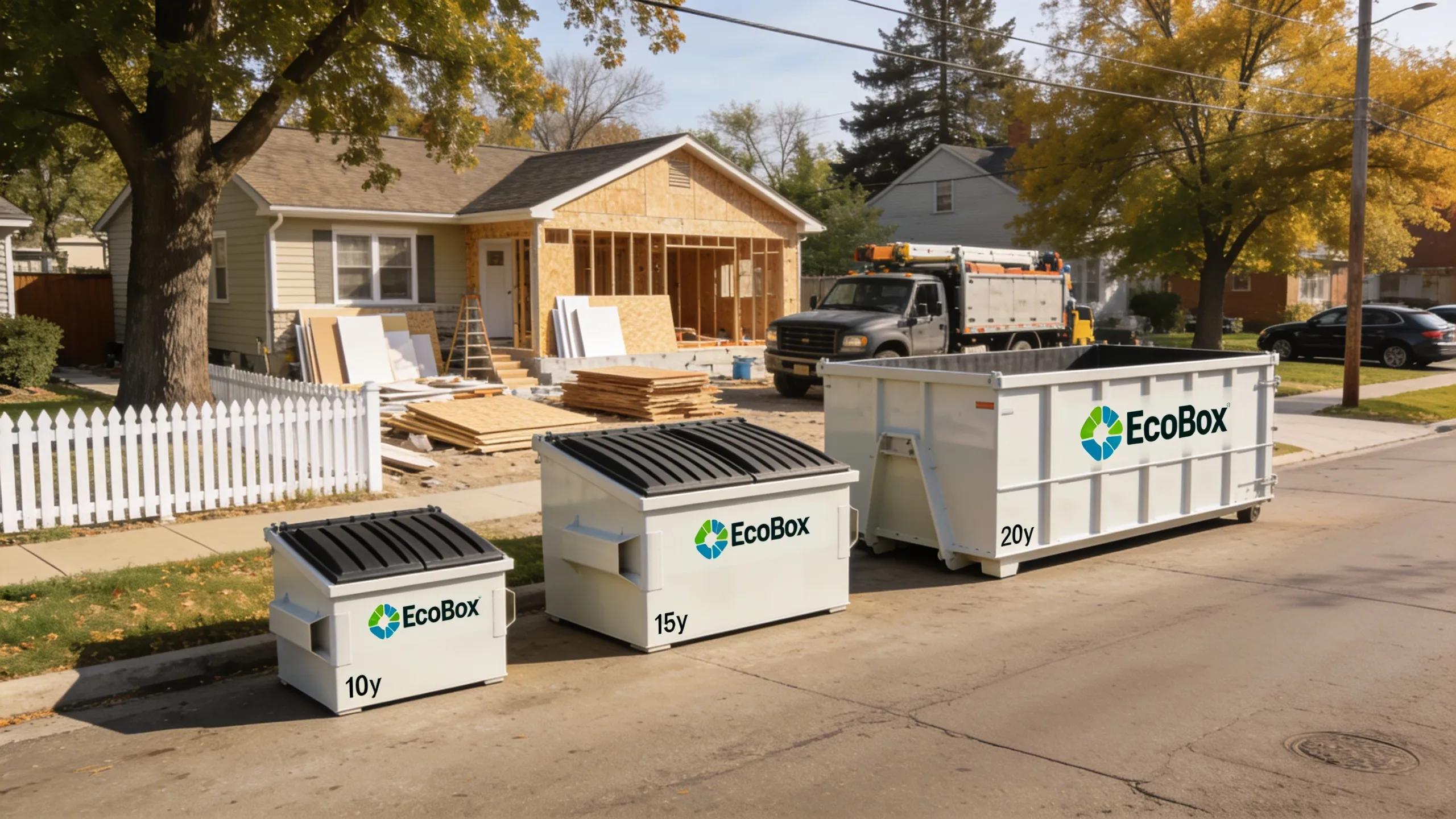 Different sizes of EcoBox Dumpsters displayed in a Des Plaines setting, emphasizing variety in rental options