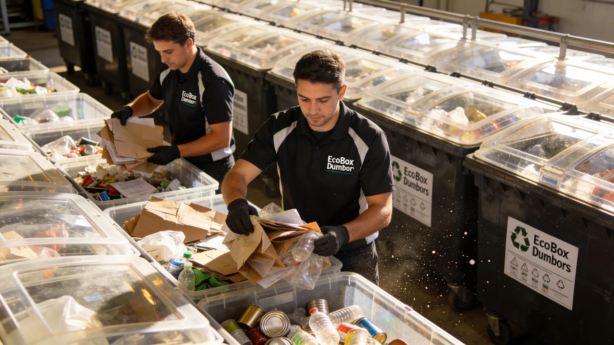 EcoBox Dumpsters employees sorting recyclable materials and general waste for eco-friendly disposal.