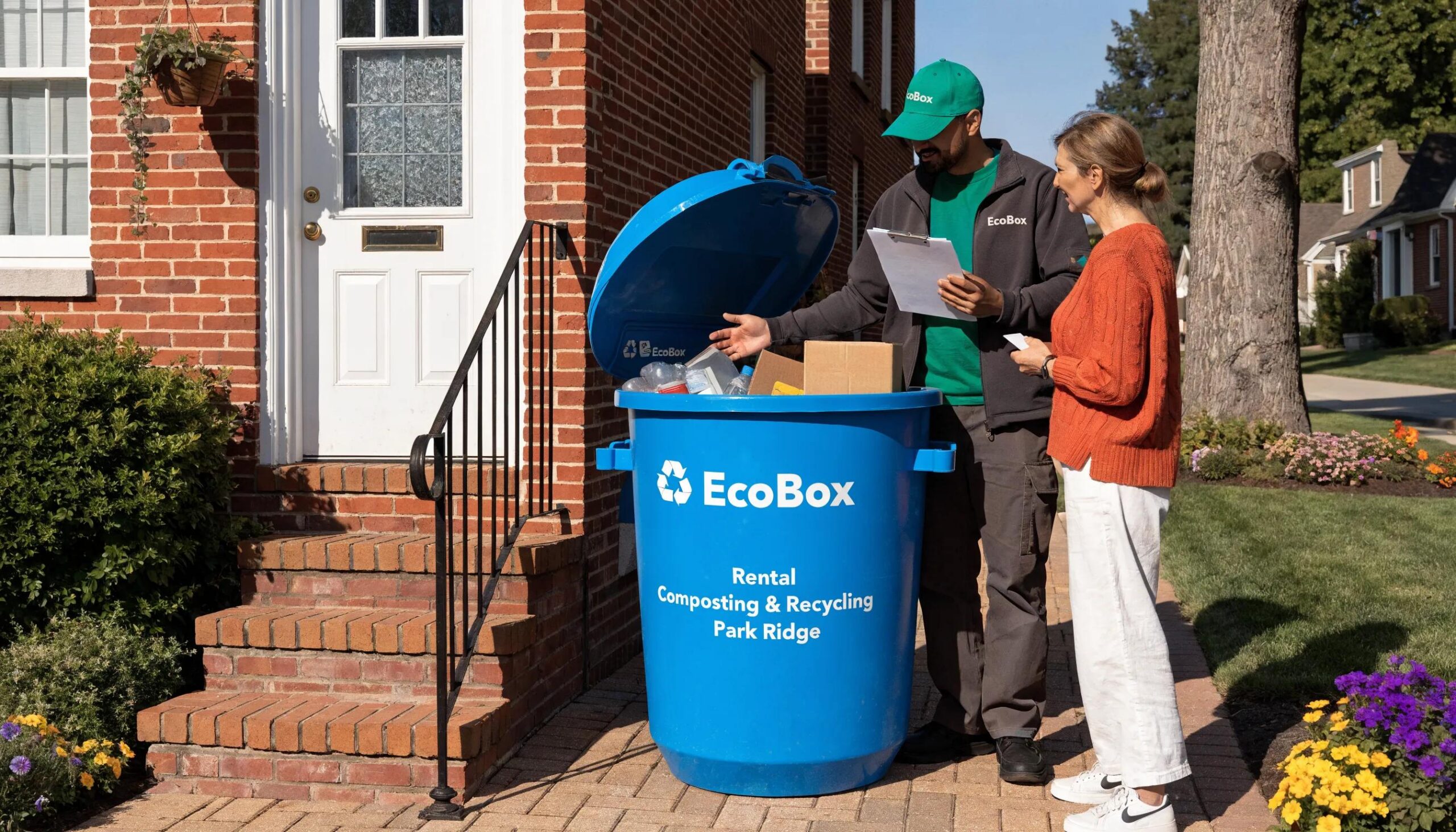 EcoBox Dumpsters rental and recycling service in Park Ridge, IL, with customer and employee reviewing paperwork.