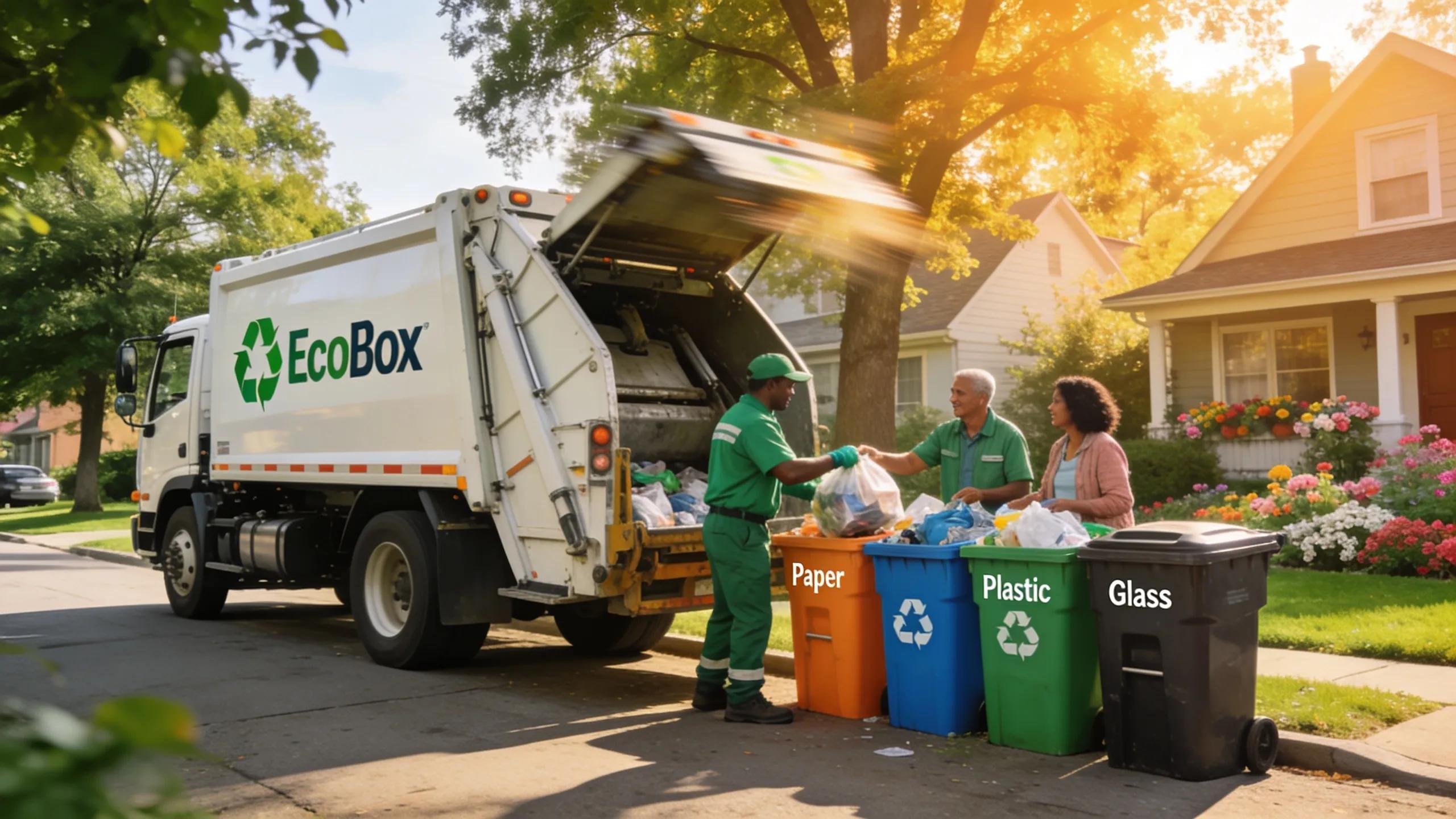 Sustainable waste management practices in action with EcoBox recycling truck in a Rosemont neighborhood