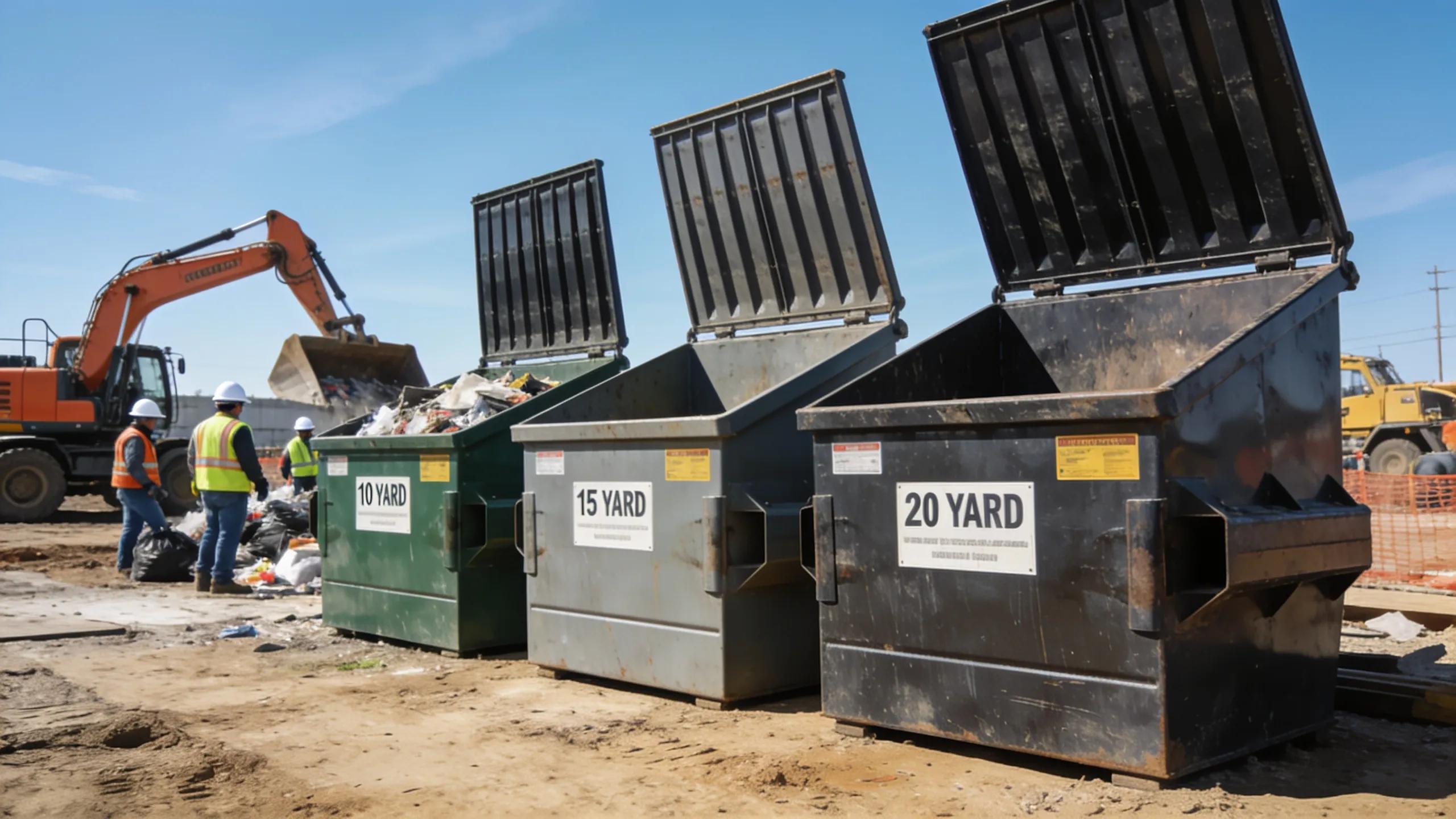 Roll-off dumpsters in various sizes: 10, 15, and 20 yard options for Lake Forest waste disposal.