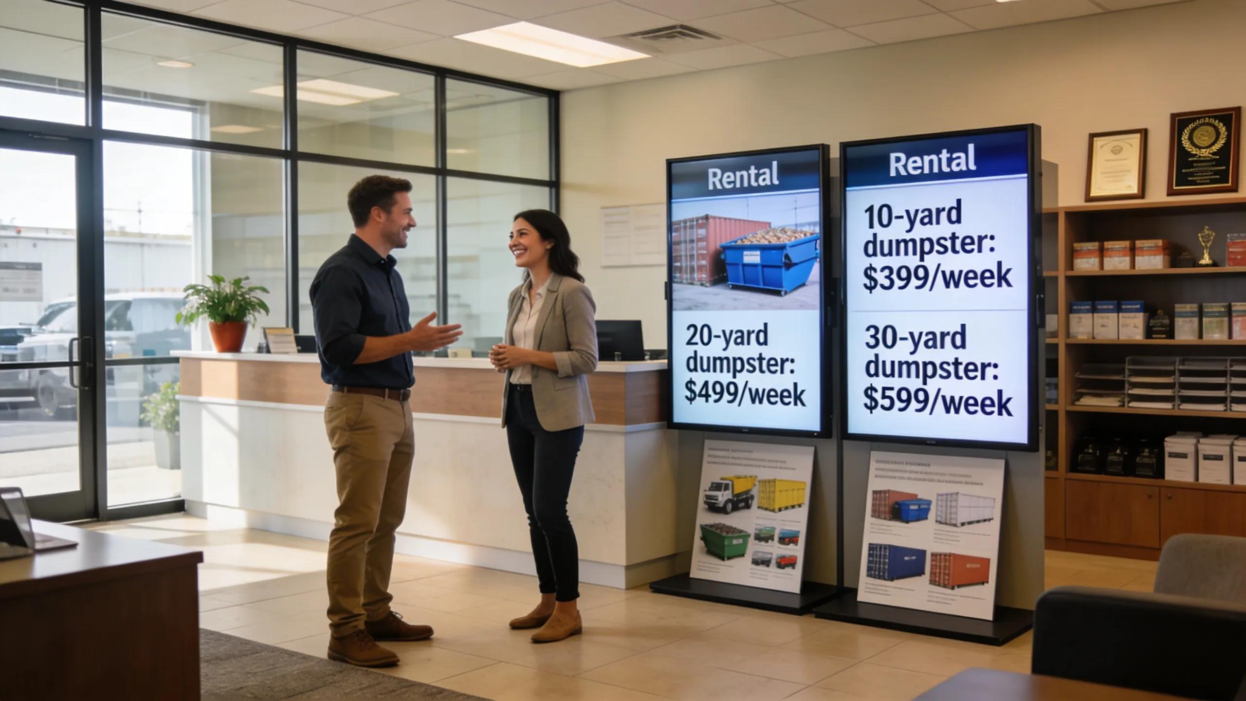 Rental service office showing rental rates and customer interaction for dumpster services