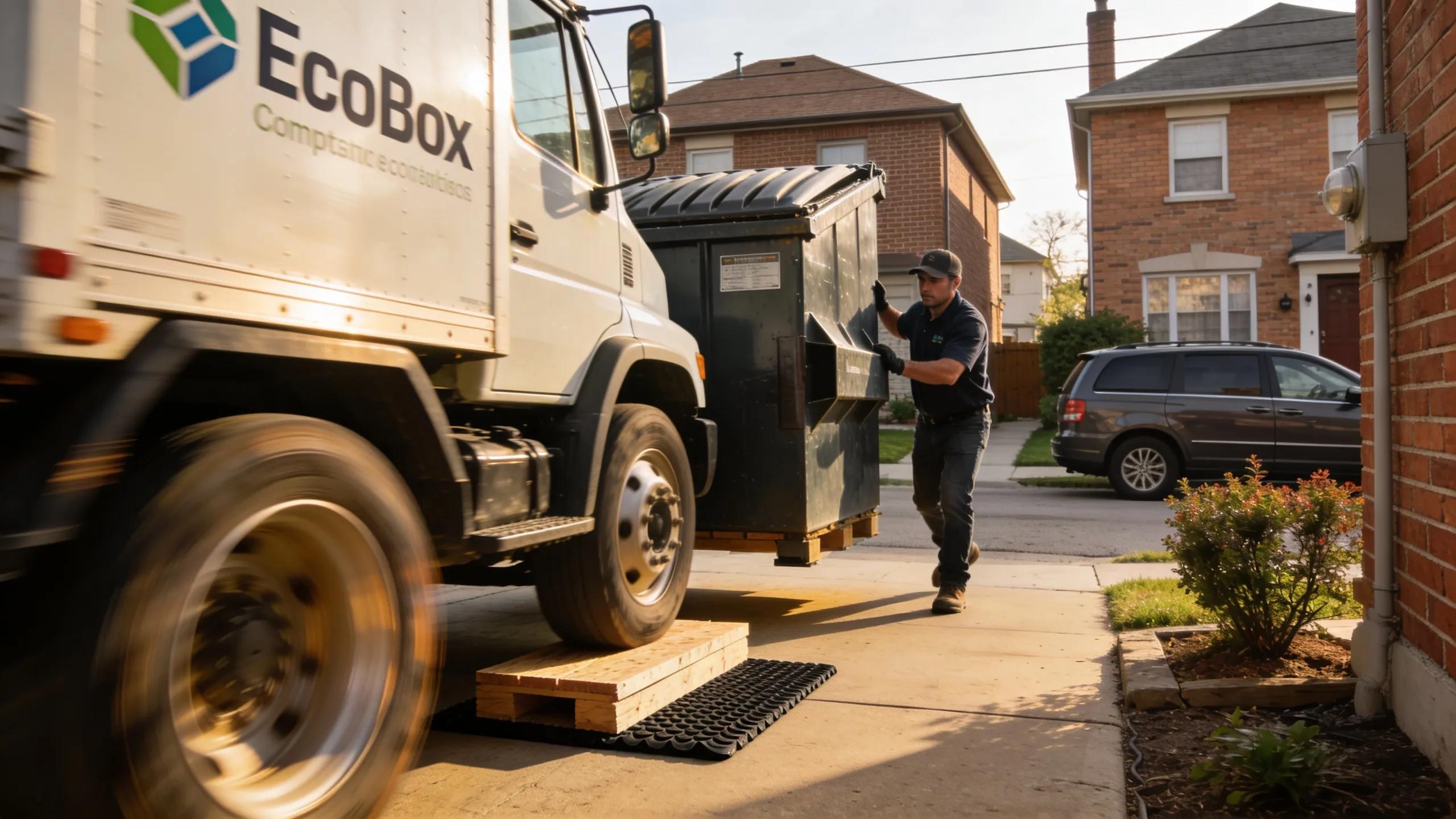 EcoBox compact truck carefully placing a dumpster on a driveway, highlighting specialized equipment for driveway safety
