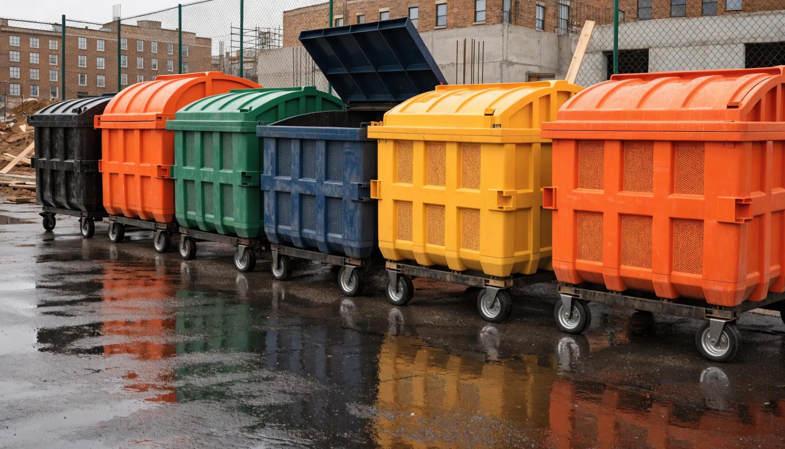 Different sizes of dumpsters displayed on a construction site, visually differentiating their capacities and applications.