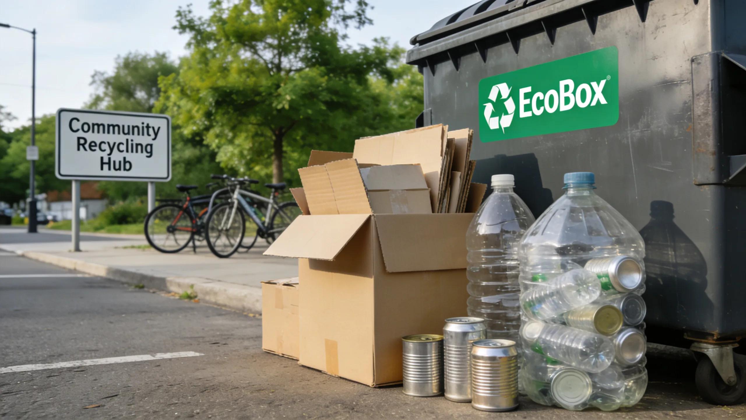 Collection of recyclable materials such as cardboard, plastics, and metals next to an EcoBox dumpster, promoting responsible waste management