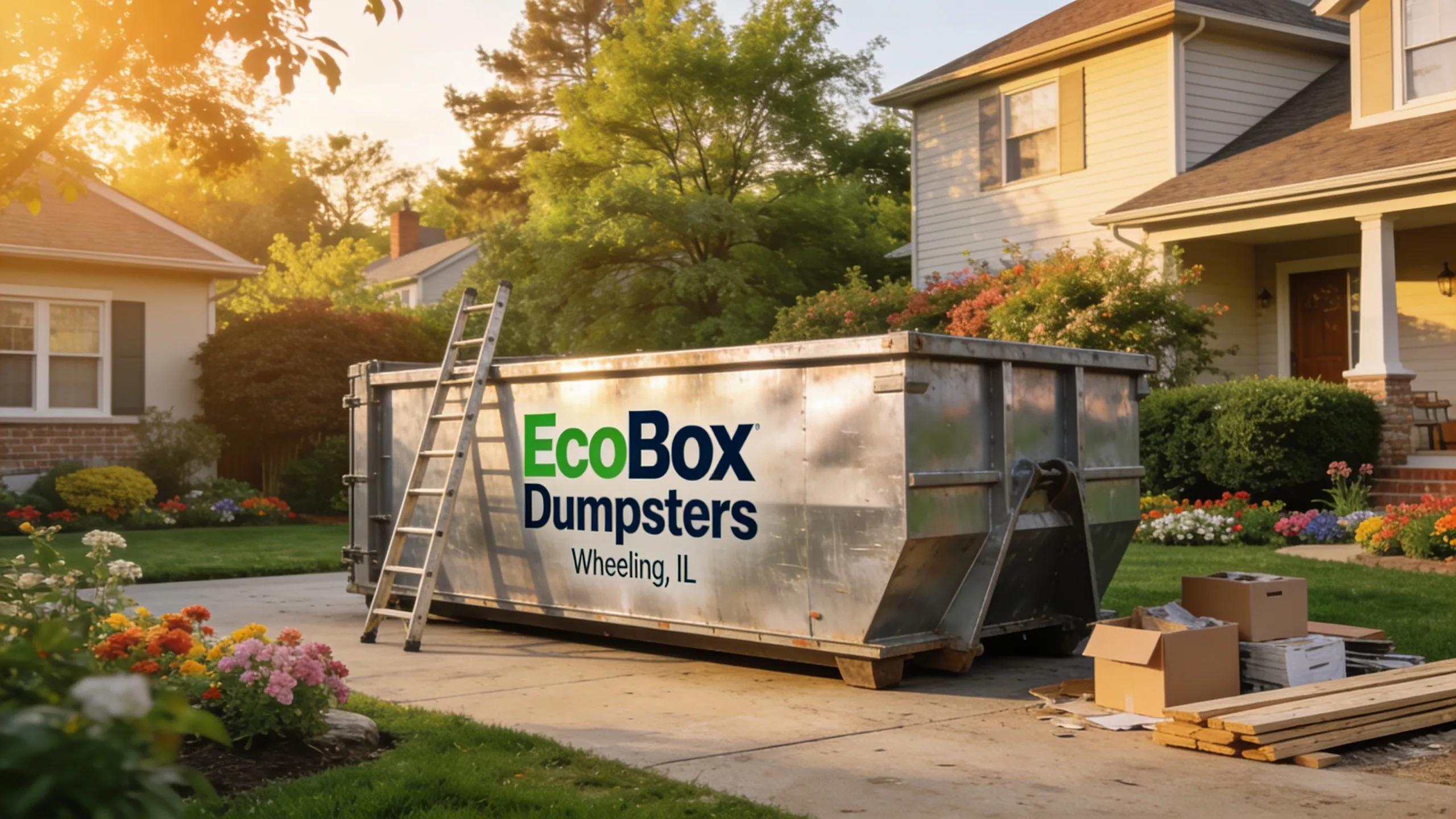 EcoBox Dumpsters in a residential setting in Wheeling, IL with a 10-yard dumpster in a driveway