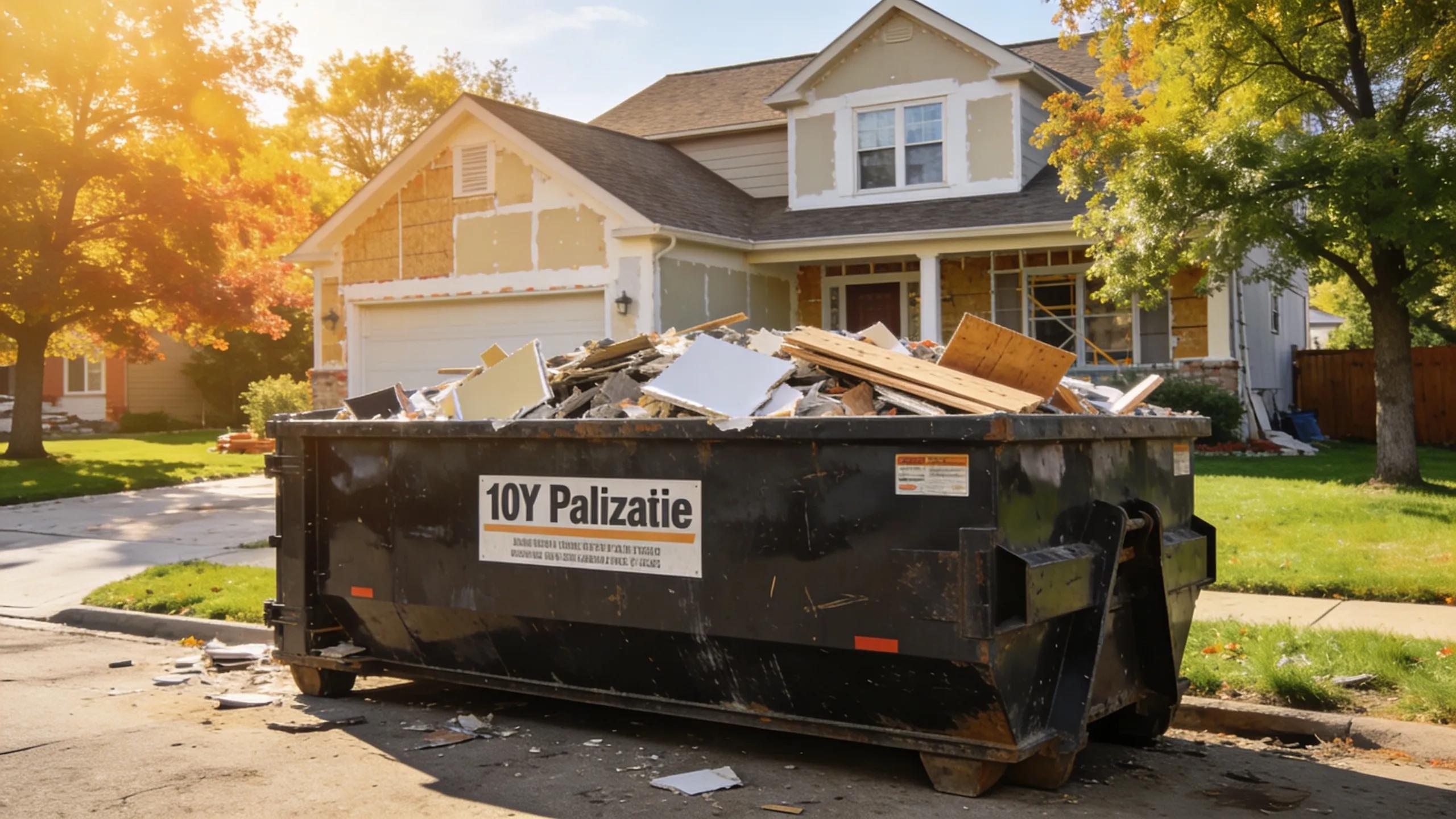 10-yard dumpster in front of a home in Palatine, IL, representing affordable rental services