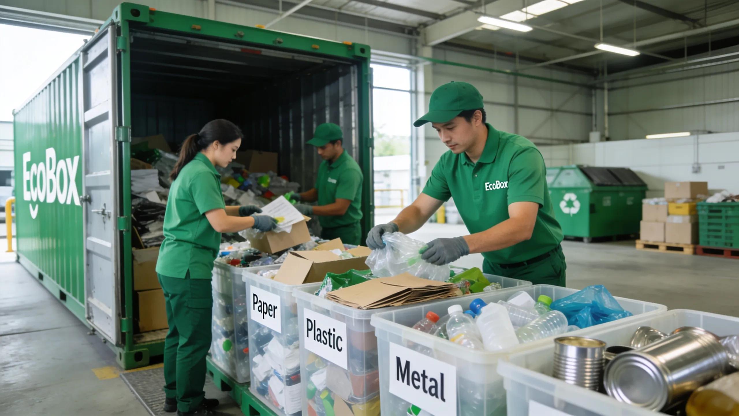 EcoBox employees promoting eco-friendly waste disposal by sorting recyclables at a center
