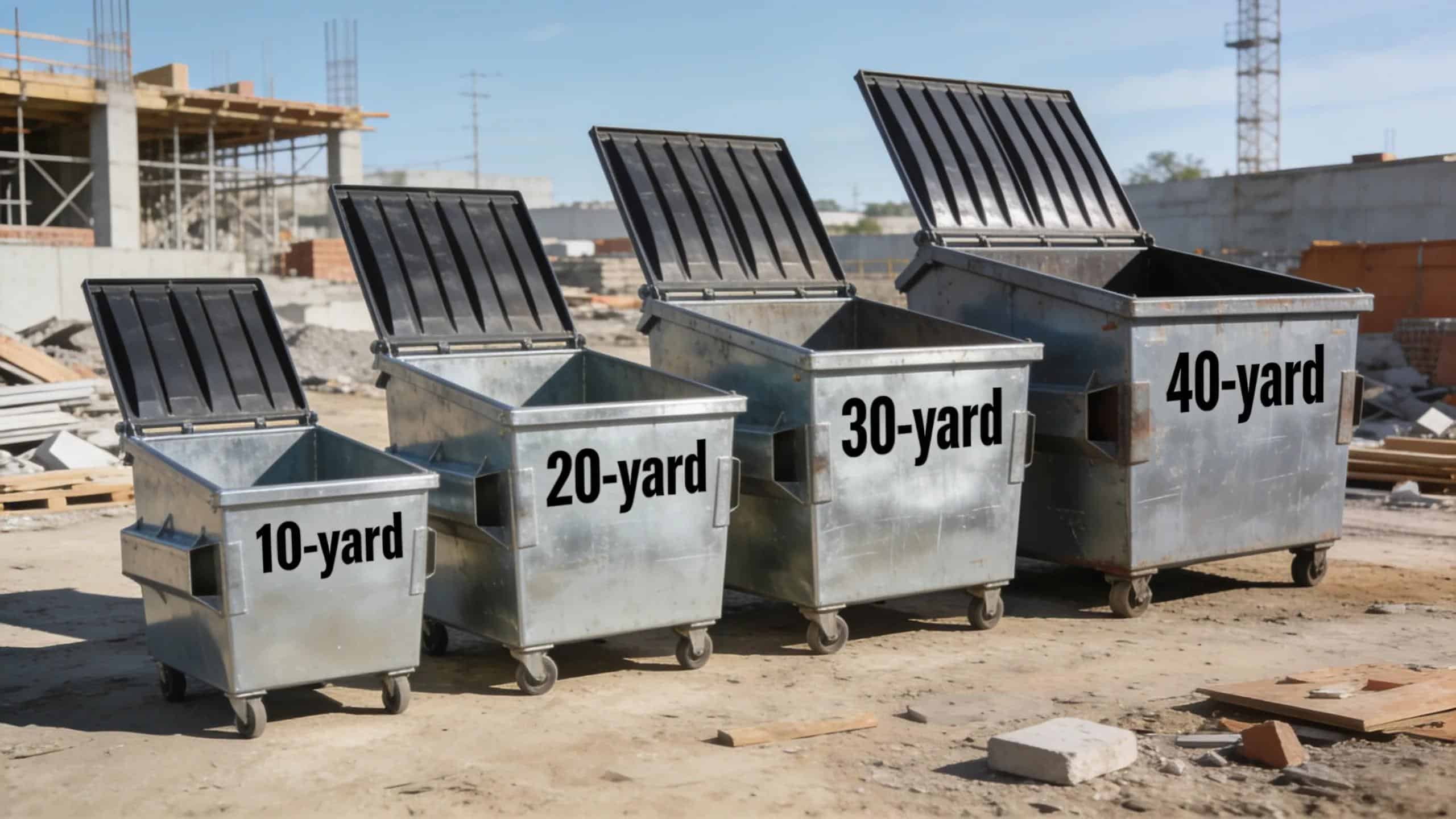 Different sizes of roll-off dumpsters, illustrating options for various waste management needs