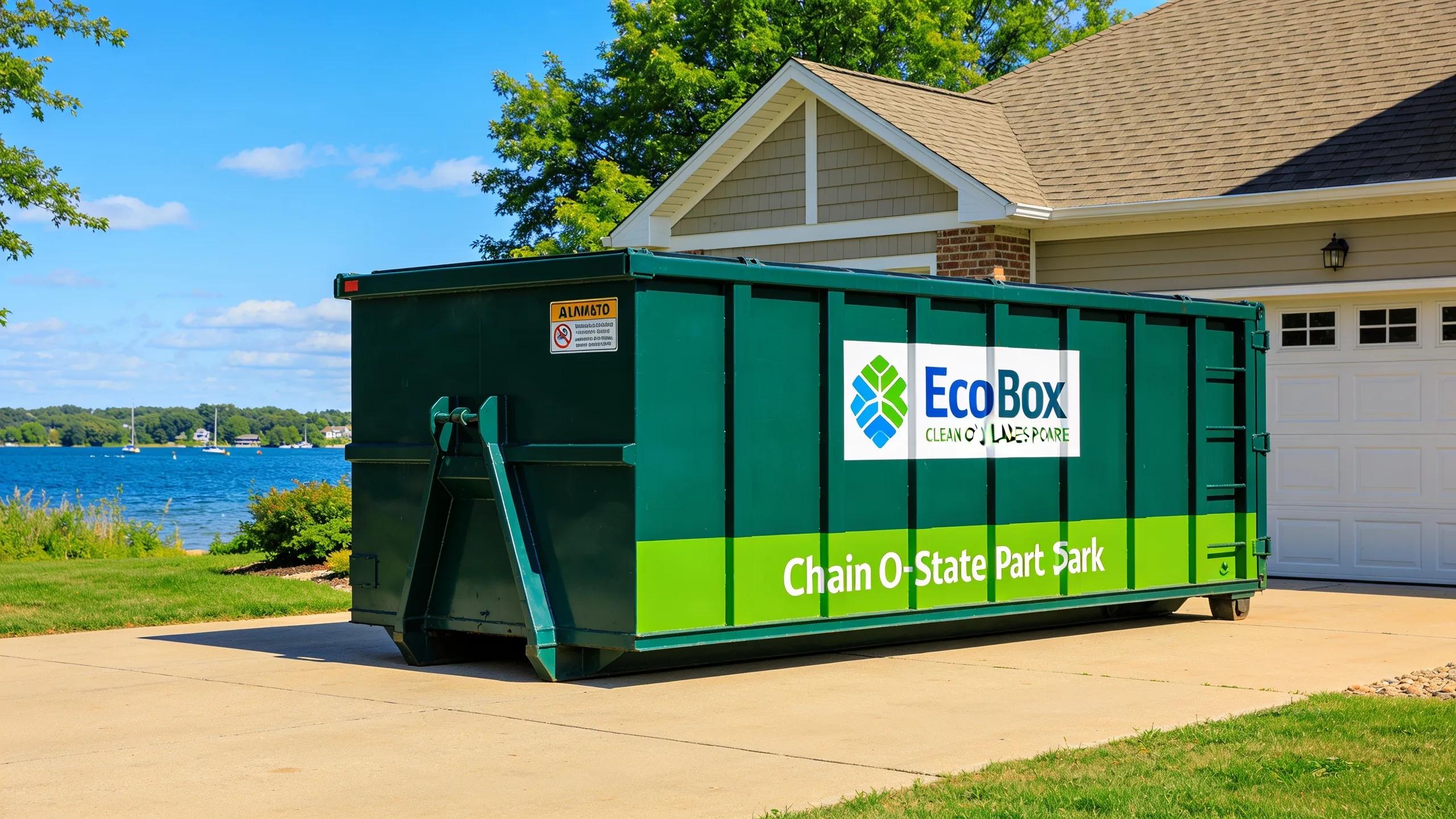 EcoBox dumpster in a Spring Grove residential driveway with Chain O'Lakes State Park backdrop, highlighting eco-friendly waste management
