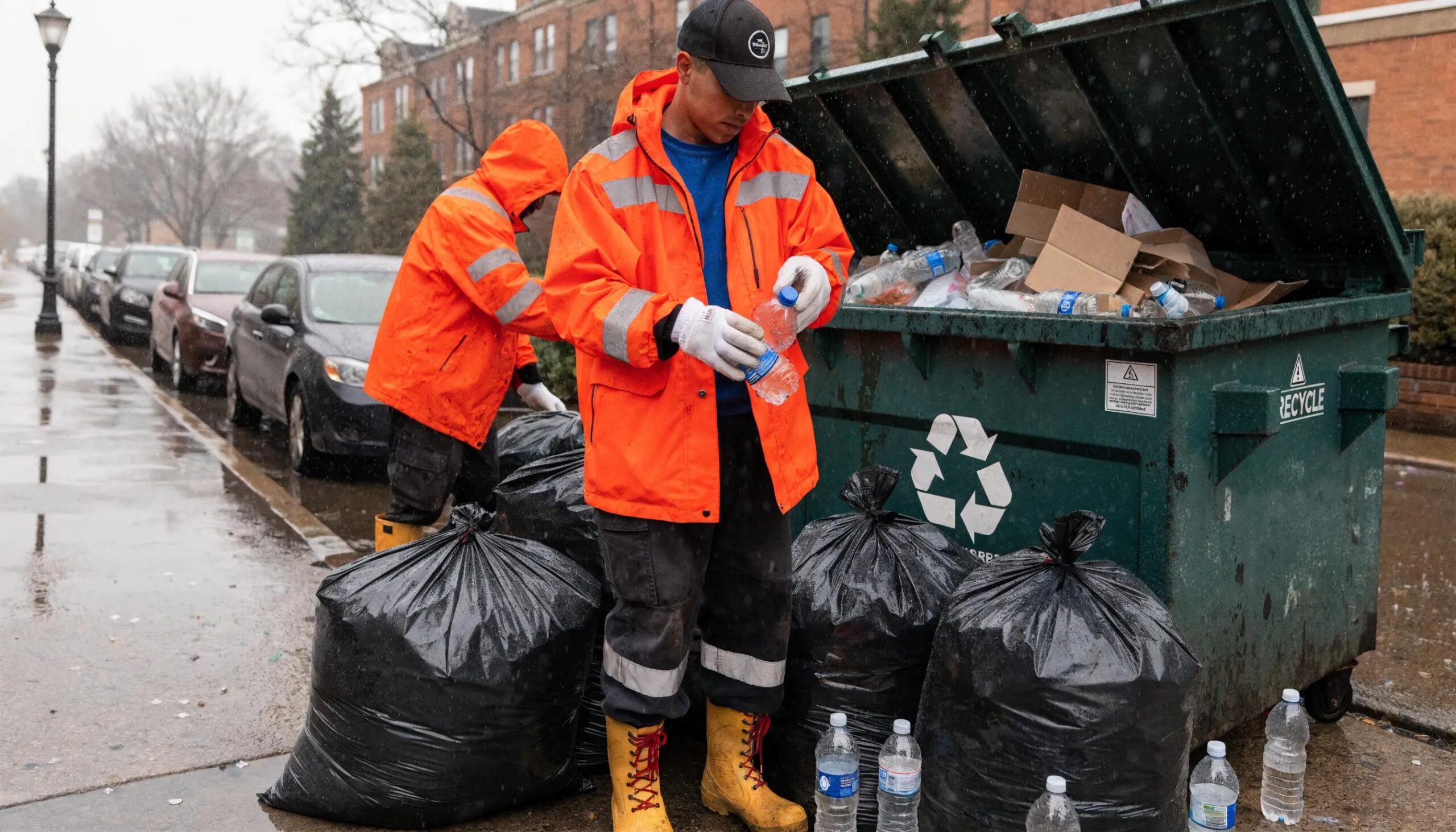EcoBox Dumpsters workers sorting recyclable materials from a dumpster in Winnetka, IL.
