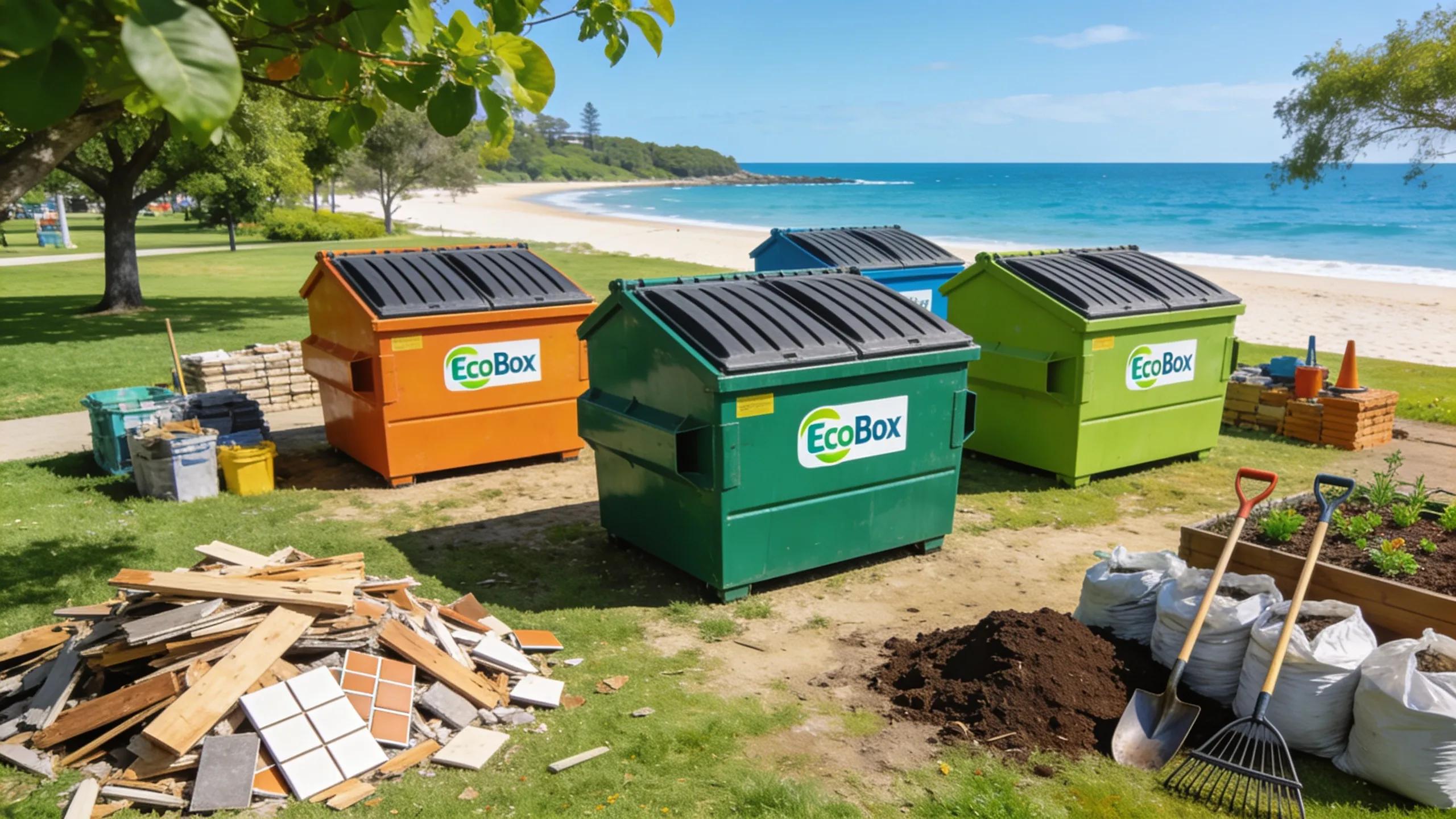 EcoBox dumpsters in a beach park setting highlighting eco-friendly waste disposal options