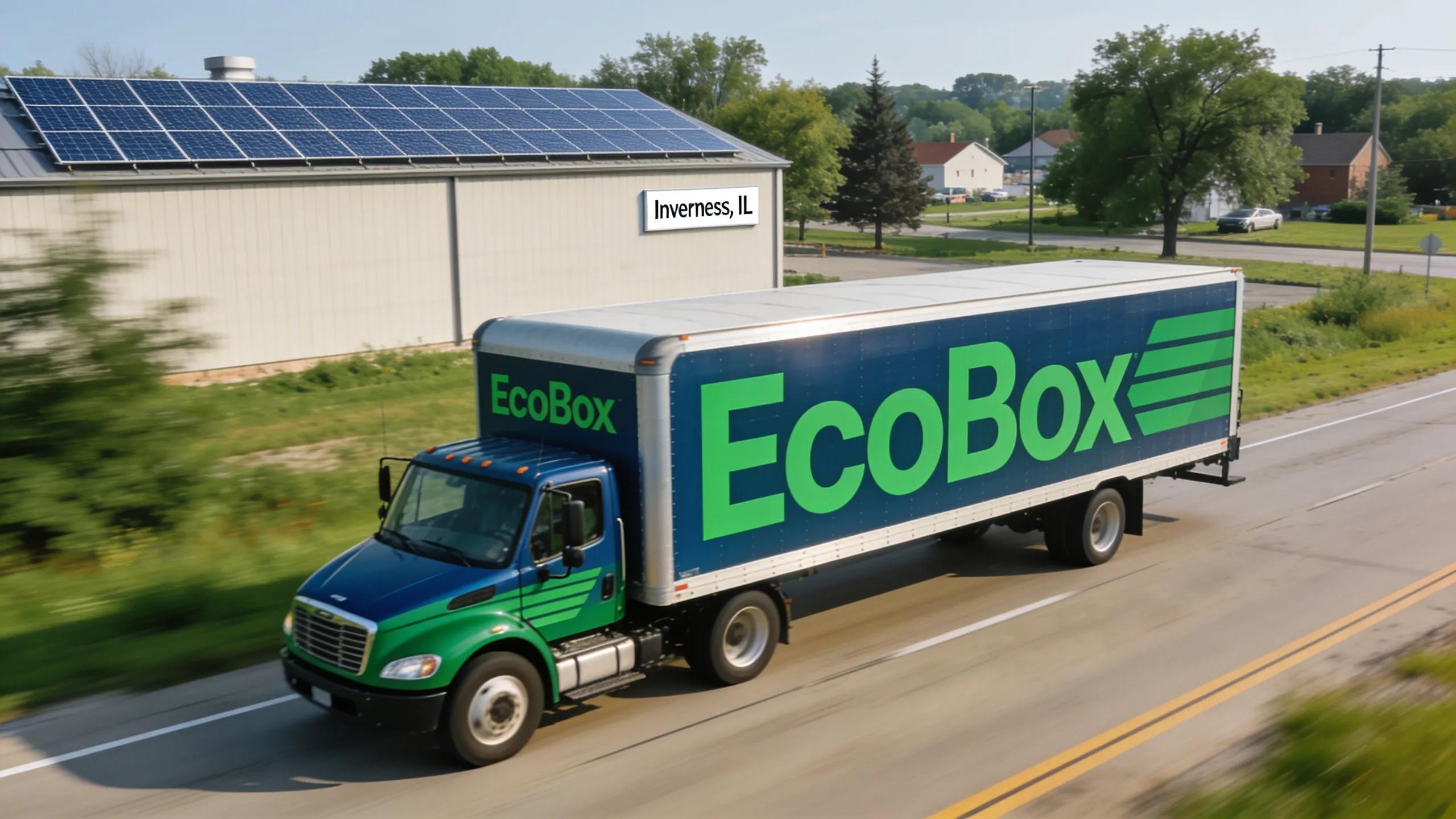 EcoBox delivery truck on an eco-friendly route with solar panels, illustrating sustainable waste management practices in Inverness, IL