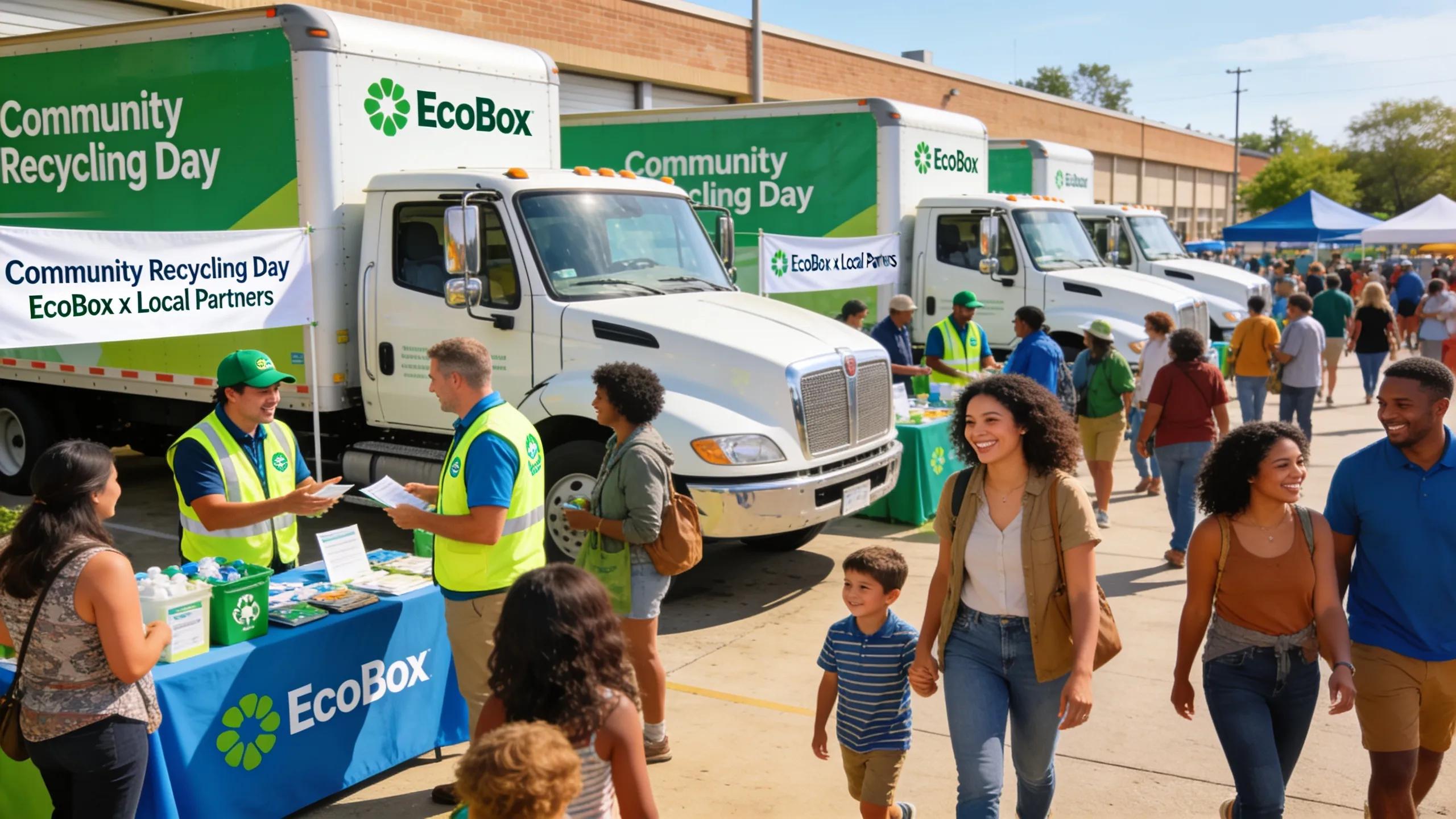 EcoBox trucks and staff at a Community Recycling Day event promoting local partnerships and waste reduction.