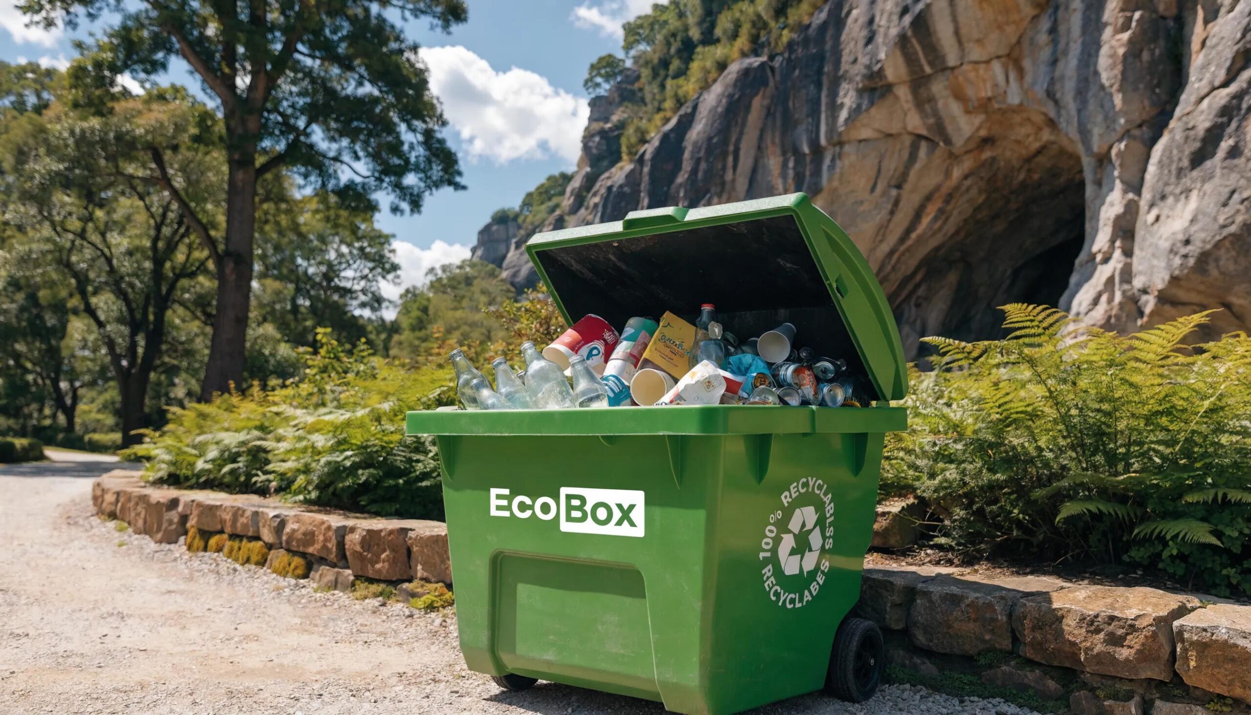eco-friendly dumpster surrounded by lush greenery representing sustainable waste management