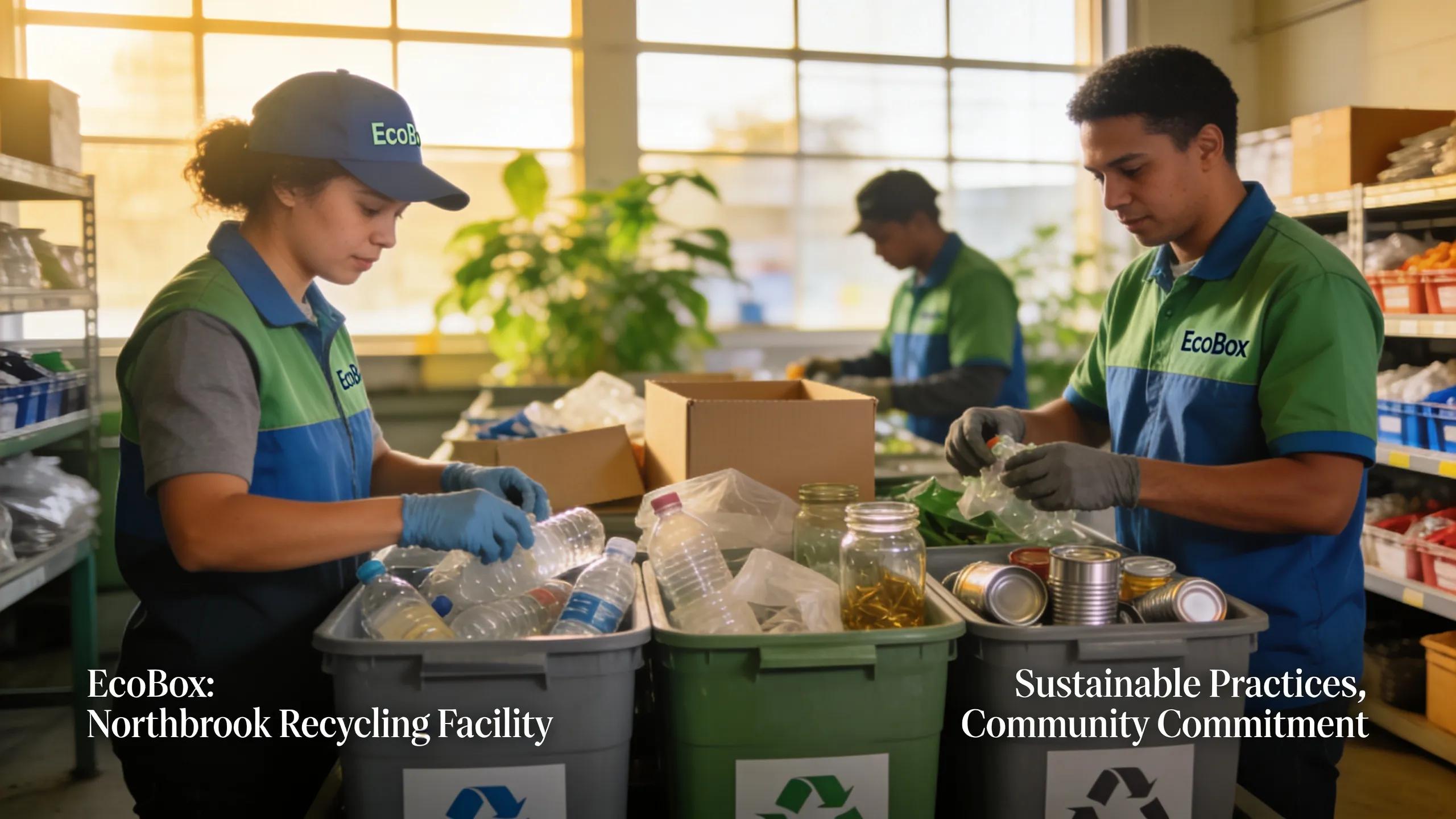 EcoBox employees sorting recyclable materials at Northbrook recycling facility, sustainable waste management practices.