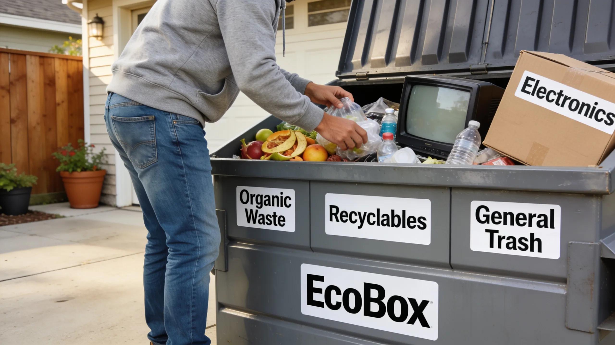 Man disposing of waste in EcoBox dumpster with labeled compartments for organic waste, recyclables, and general trash.