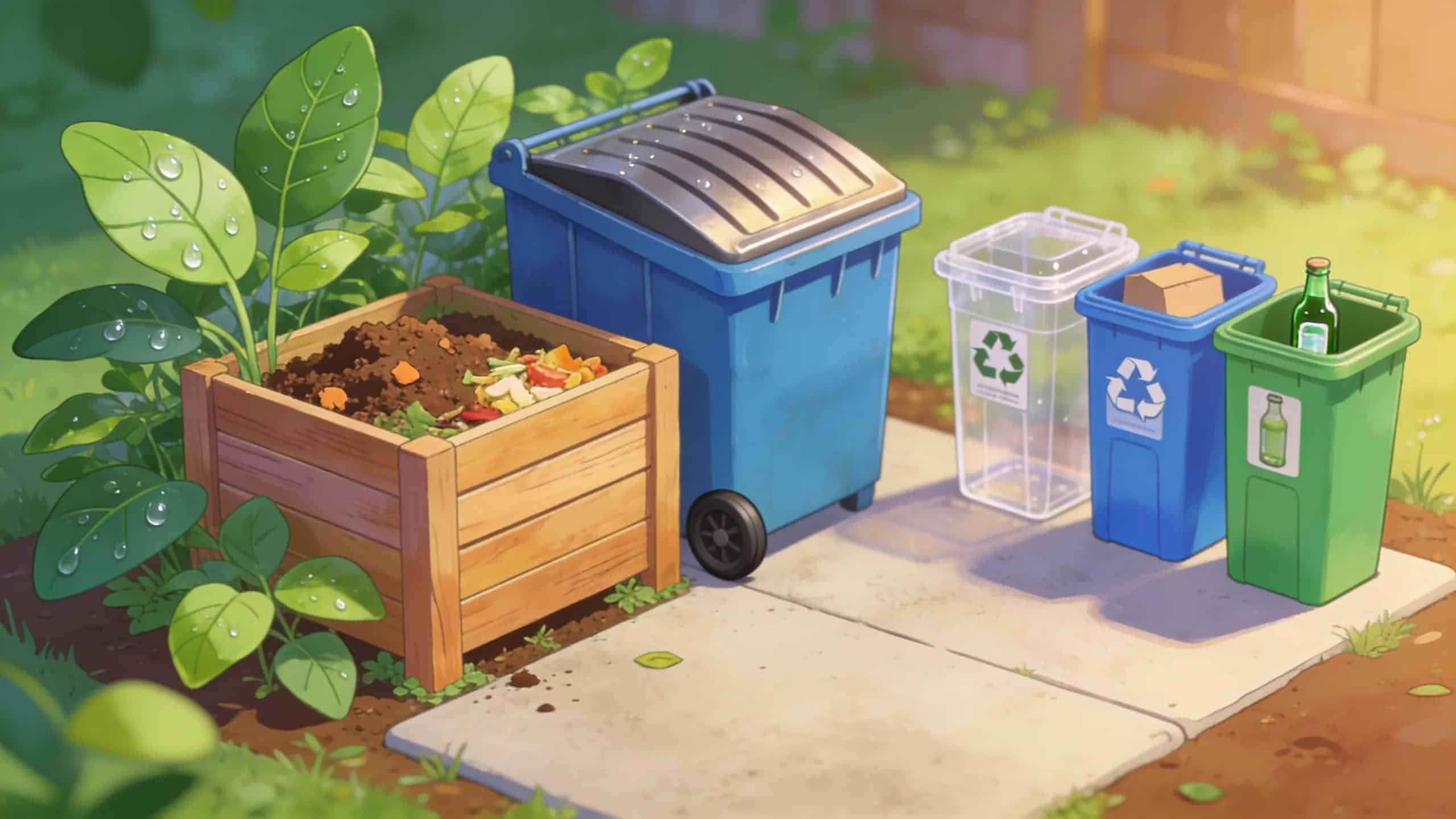 Eco-friendly waste removal options including composting and recycling near a dumpster