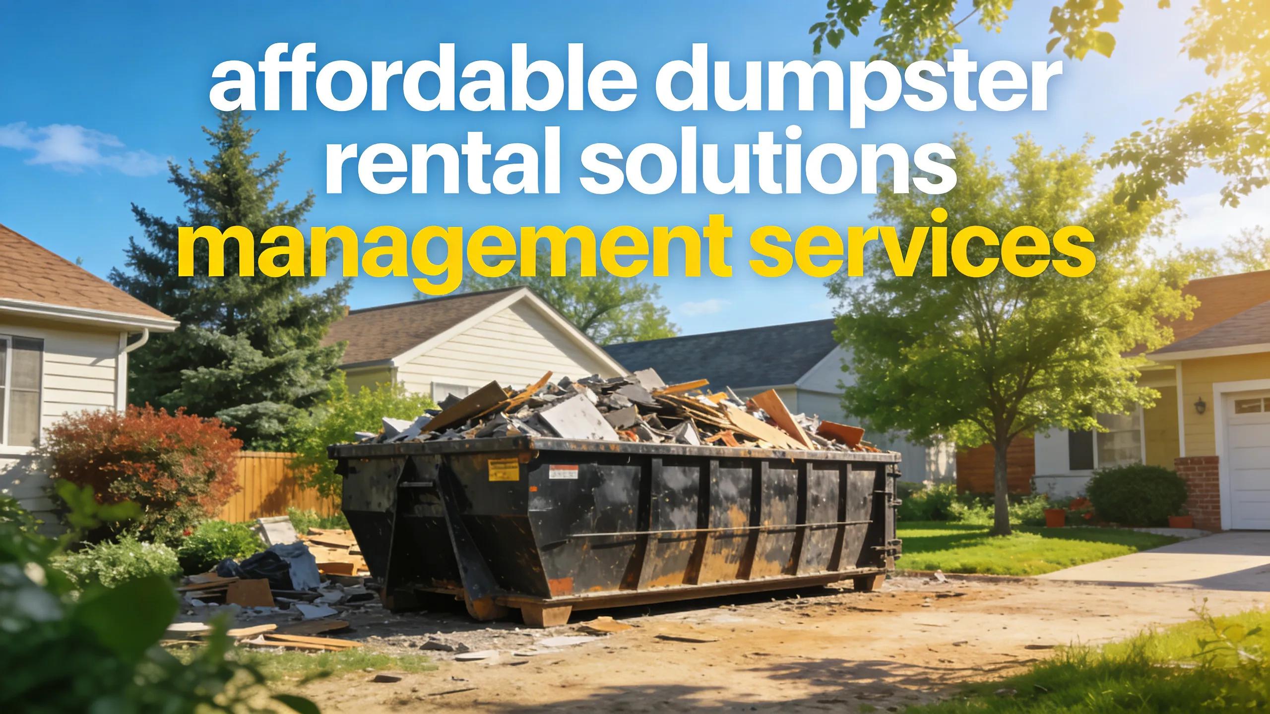 Roll-off dumpster in a residential area filled with debris, highlighting affordable dumpster rental options