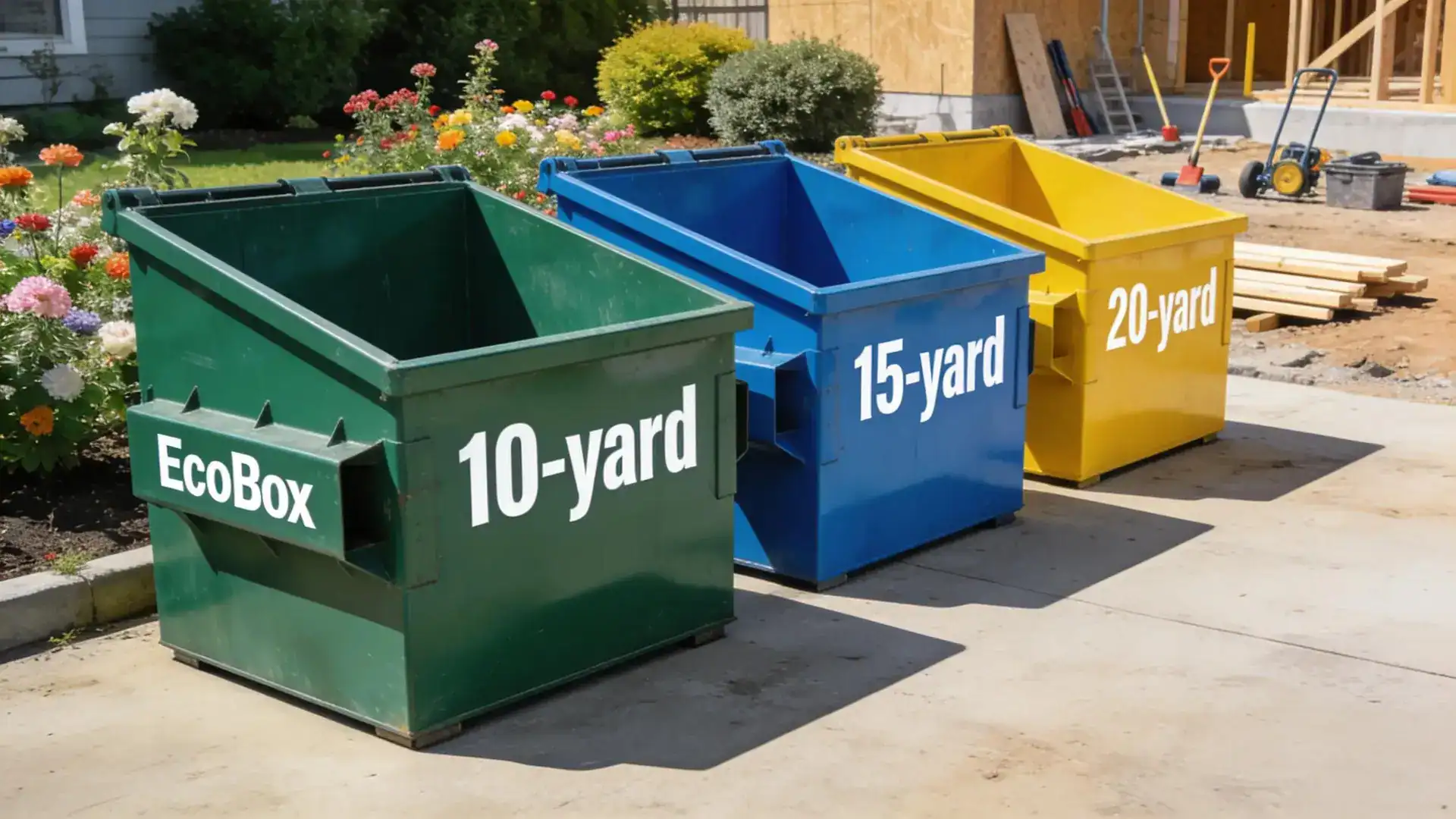 Three EcoBox dumpsters in varying sizes, showcasing the choices available for roll-off dumpster rentals