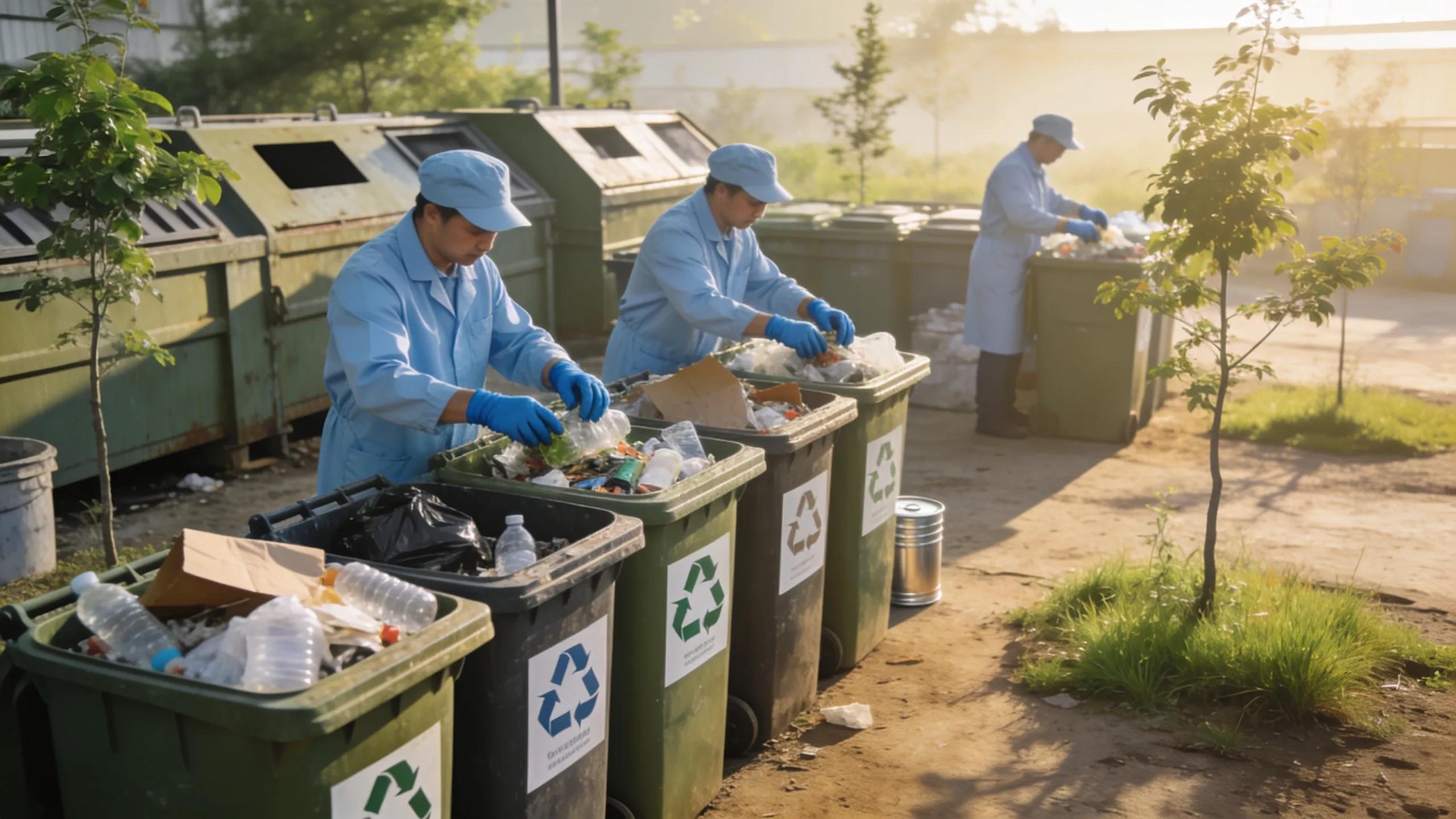 Eco-friendly recycling facility with workers and nature, highlighting sustainable practices in dumpster rental